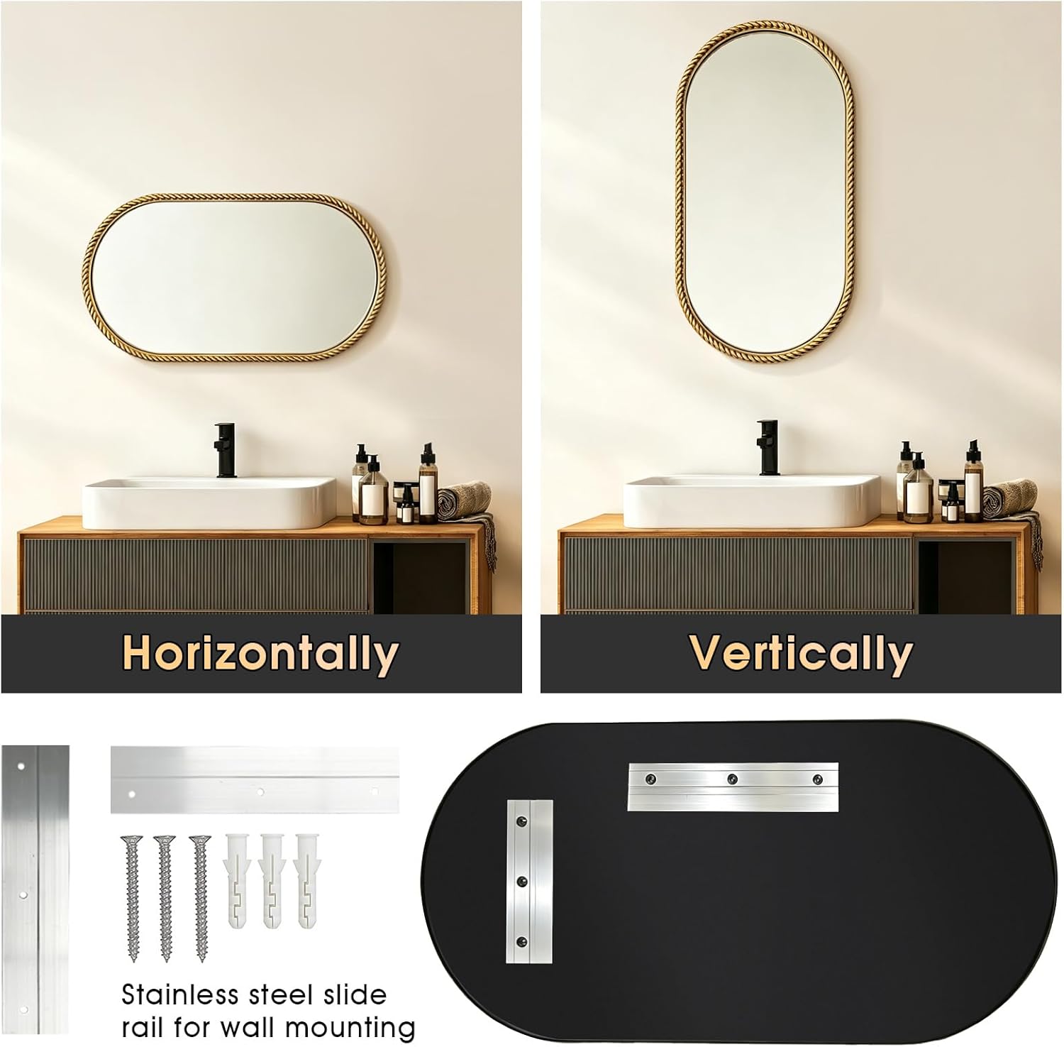 Gold Oval Mirror, 12"x24" Hanging Wall Mirror with Antique Gold Braided Metal Cord Frame, Modern Distressed Wall Decor for Bedroom, Living Room, Entryway