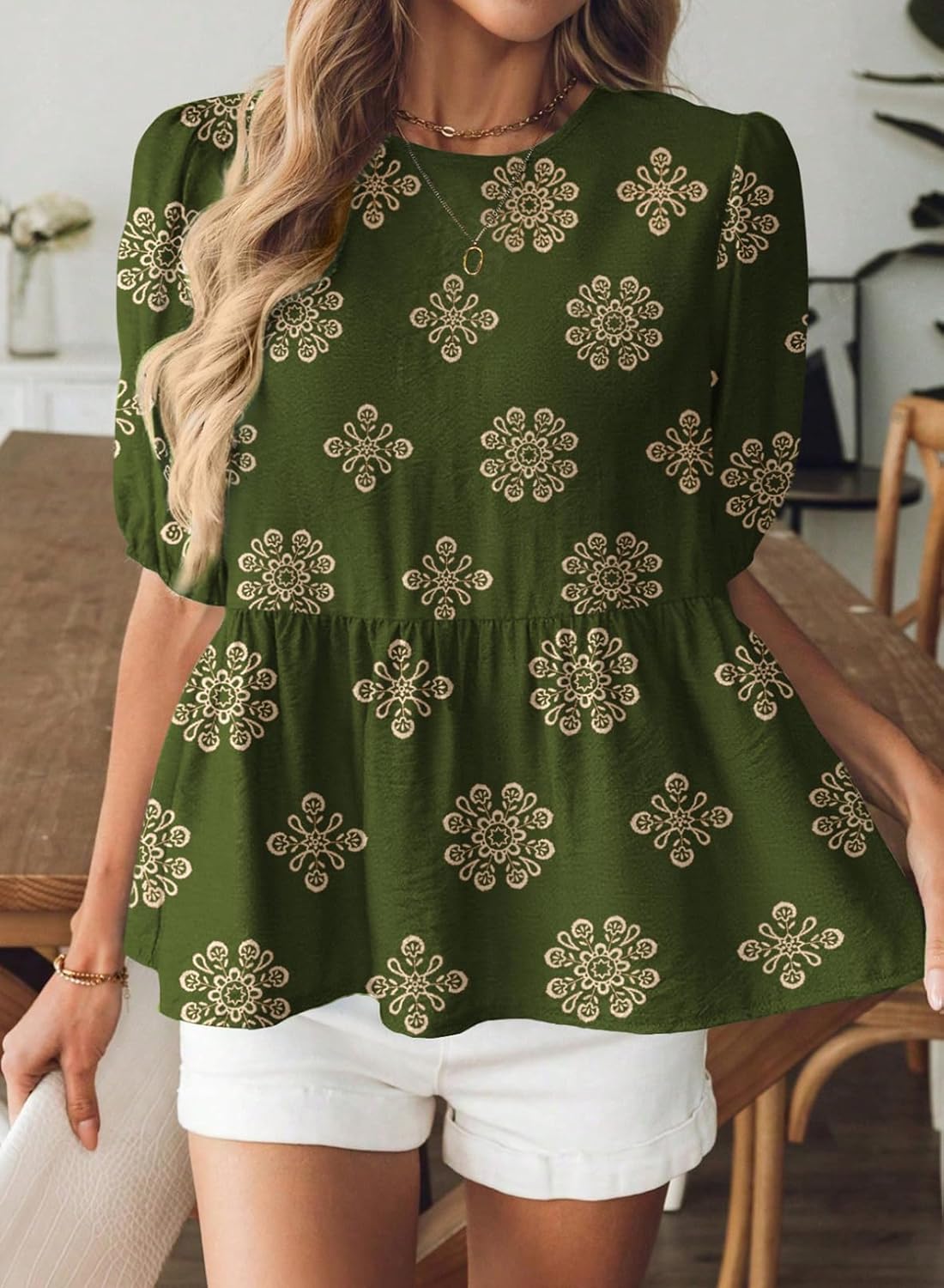 BLENCOT Women's Babydoll Peplum Tops Boho Puff Short Sleeve Bowknot Back Shirts Cute Summer Blouses - Image 2