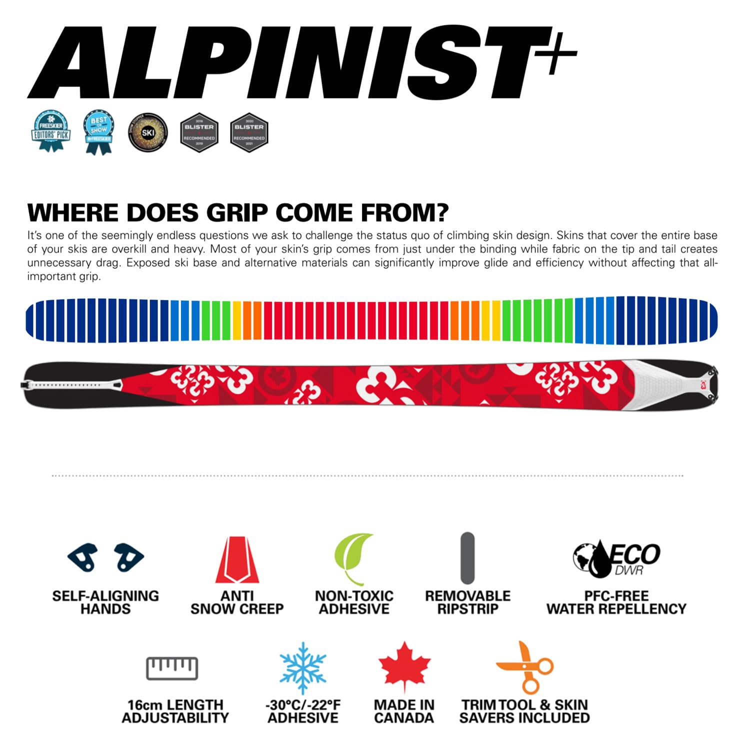 G3 GENUINE GUIDE GEAR Alpinist+ Universal Climbing Skins, Backcountry Touring Ski Skins, Universal Grip for All Snow Conditions, Made in Canada, (130mm Width, M Length)