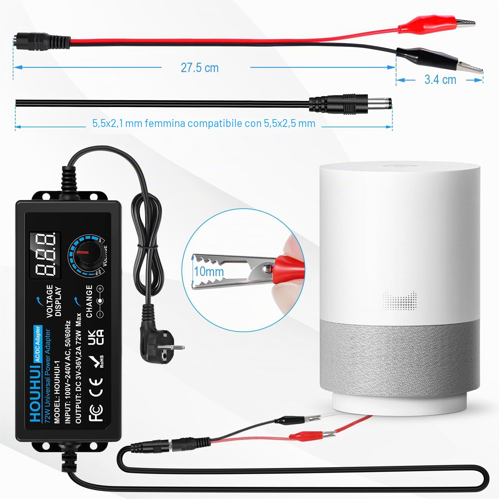 Uniwersalny regulowany zasilacz 3V-36V 2A 72W 100V-240V AC DC LED 5,5x2,5mm 16 końcówek