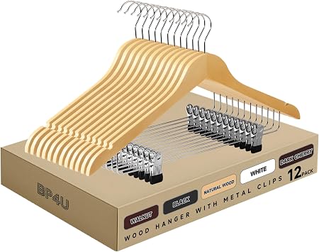 Wooden Hangers with Adjustable Metal Clips, 12-Pack, Natural