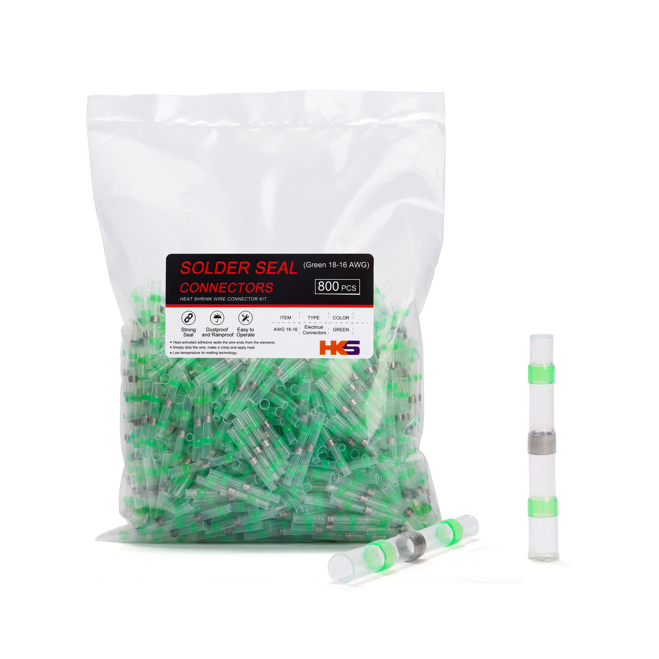 HKS 800 connettori per saldatura, verdi, 18-16 AWG, connettori termorestringenti per saldatura, stagnati, per imbarcazioni automobilistiche, marine, impermeabili e isolati