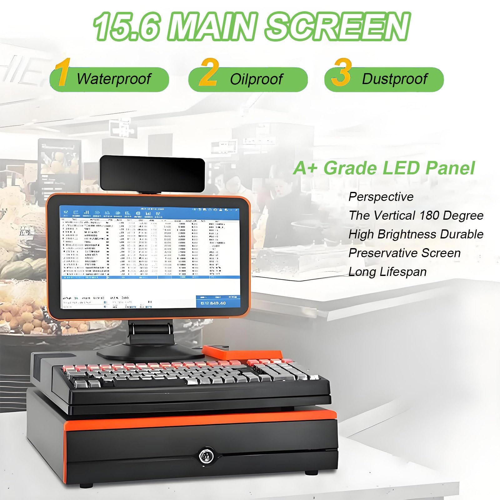 Écran Tactile 15,6 Pouces, Caisse enregistreuse, Clavier, imprimante intégrée 58 mm, Pack Complet, Terminal de Point de Vente, système de Caisse enregistreuse pour Entreprises. Orange