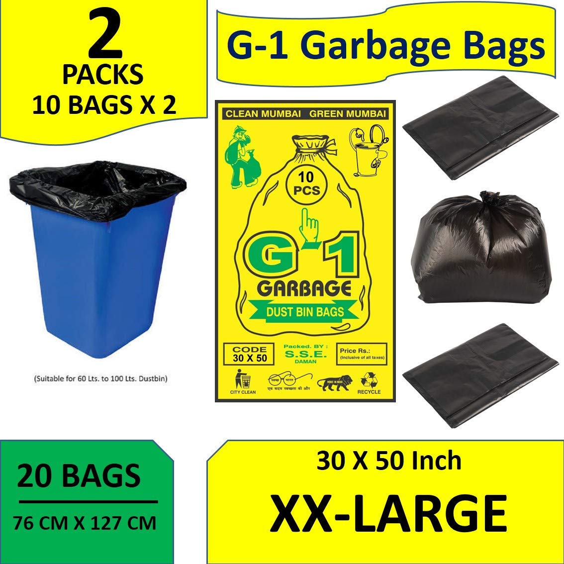 G1 Biodegradable Garbage/Dustbin/Trash Cover and Plastic Bags For Malls Parks Hospitals Hotels Office |10 Bags per Pack| Pack of - (2, 30 X 50)