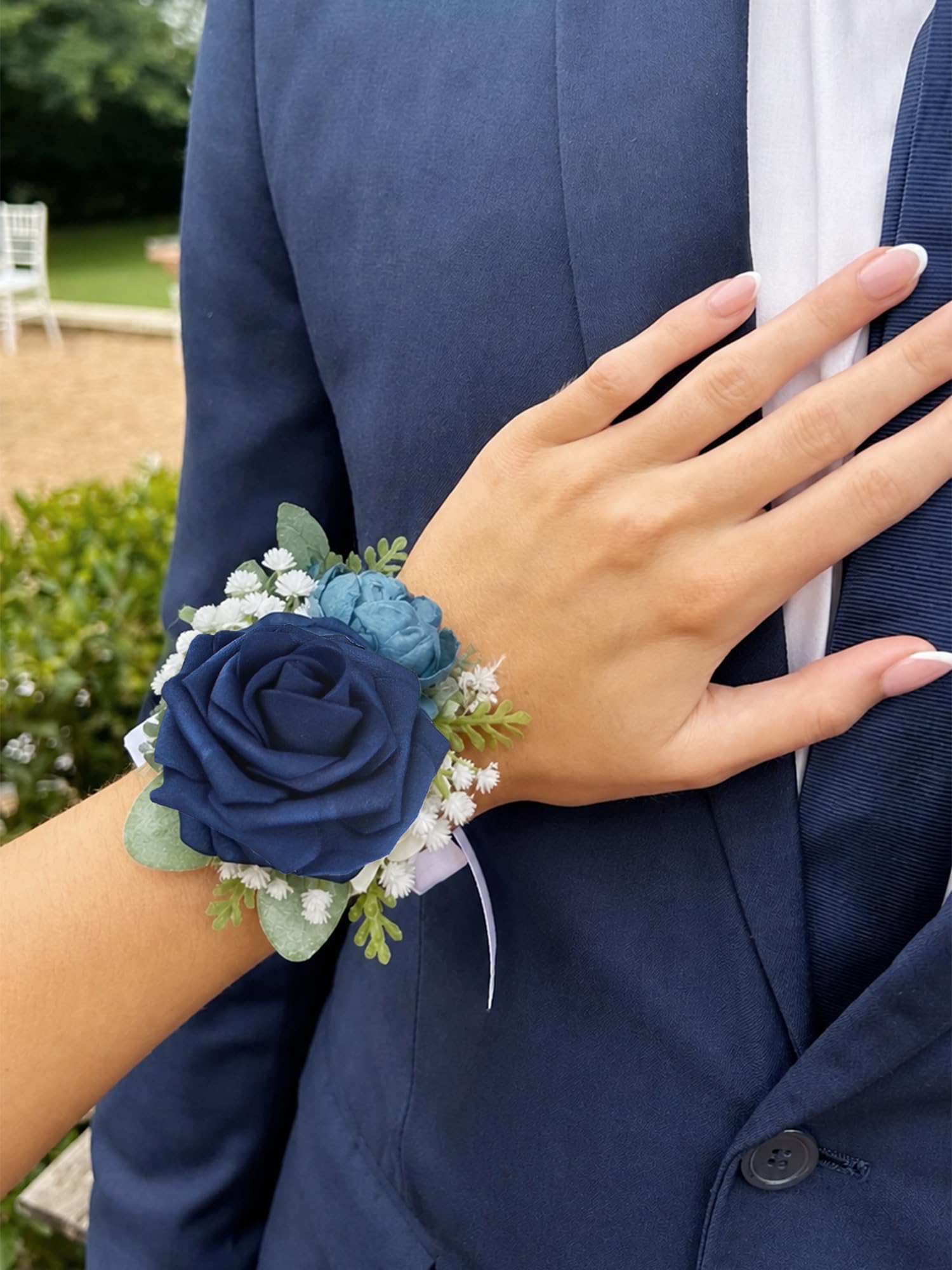 Rinlong 2Pcs Navy Blue Wrist Corsage for Wedding, Prom, Homecoming