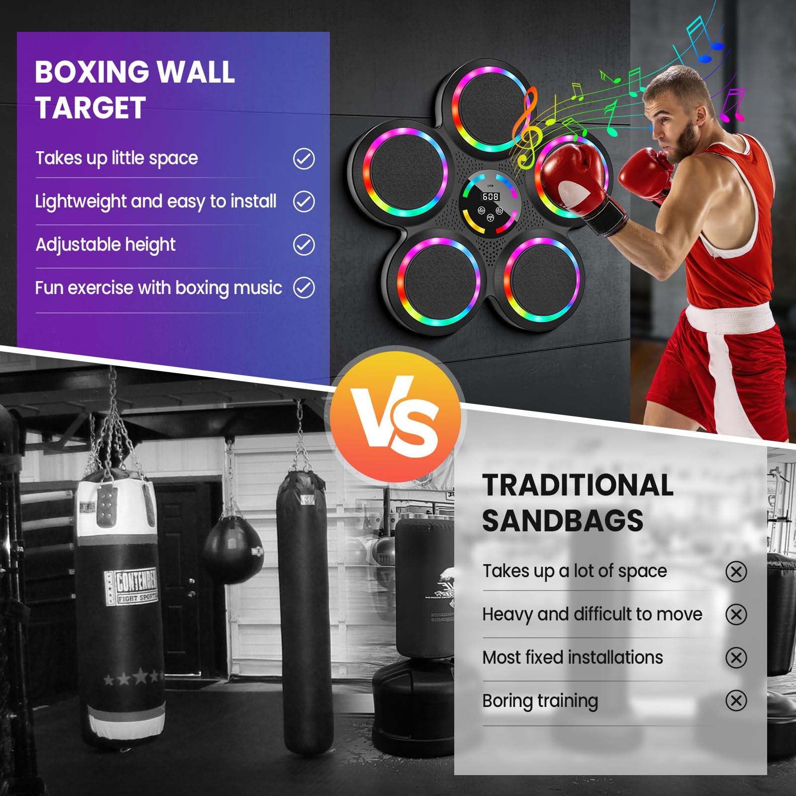 Macchina da Boxe Musicale, 2025 Nuovo Music Boxing Machine a Parete con Guanti, Luci Colorate, Supporta Bluetooth, 9 velocità, 9 modalità di Allenamento, modalità di Conteggio, per Adulti e Bambini