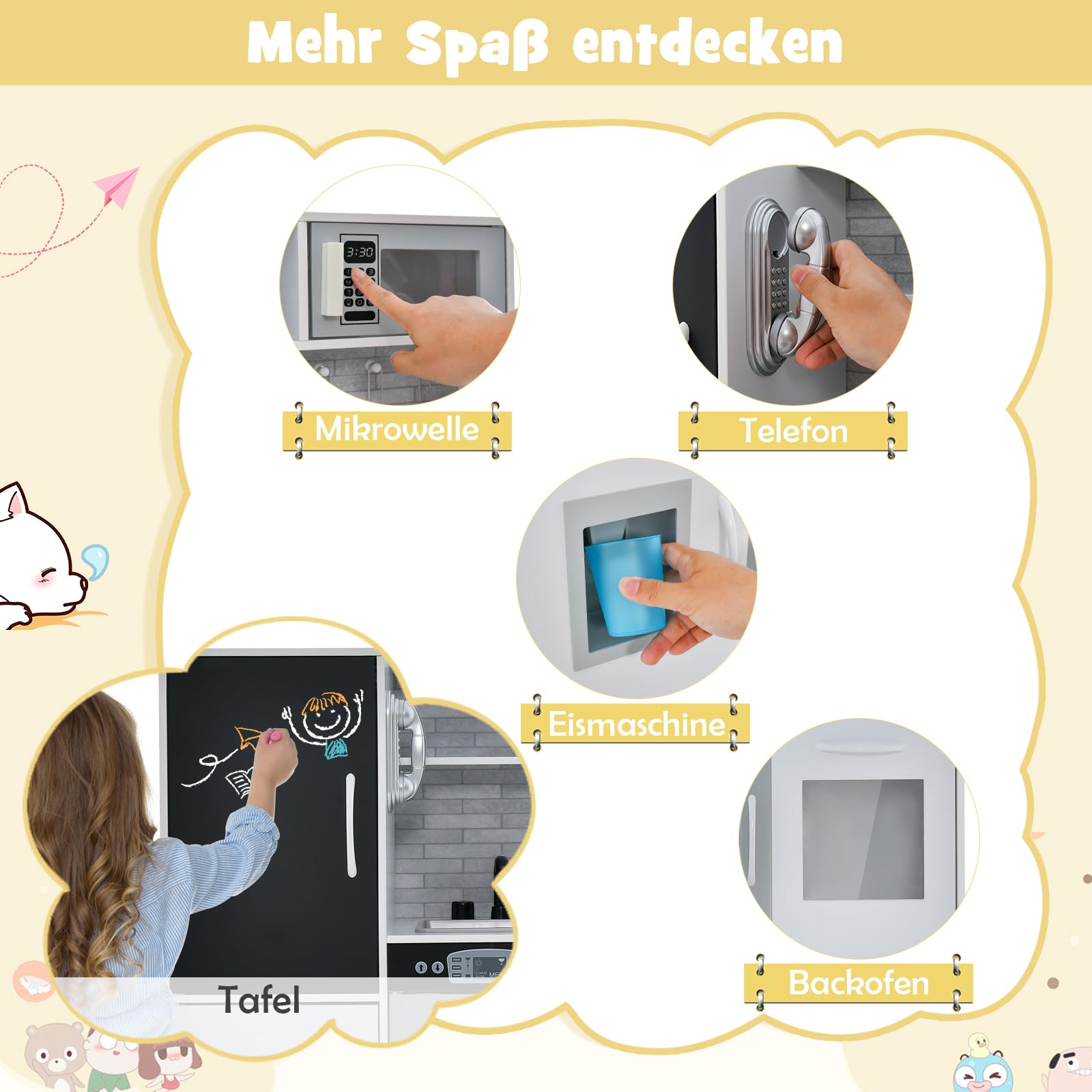 DREAMADE Kinderküche Holz mit Zubehör, Kinderspielküche Holzküche mit Herd Geschirrspüler Eismaschine Kühlschrank mit Tafel, Spielküche für Jungen und Mädchen ab 3 Jahren (Weiß)