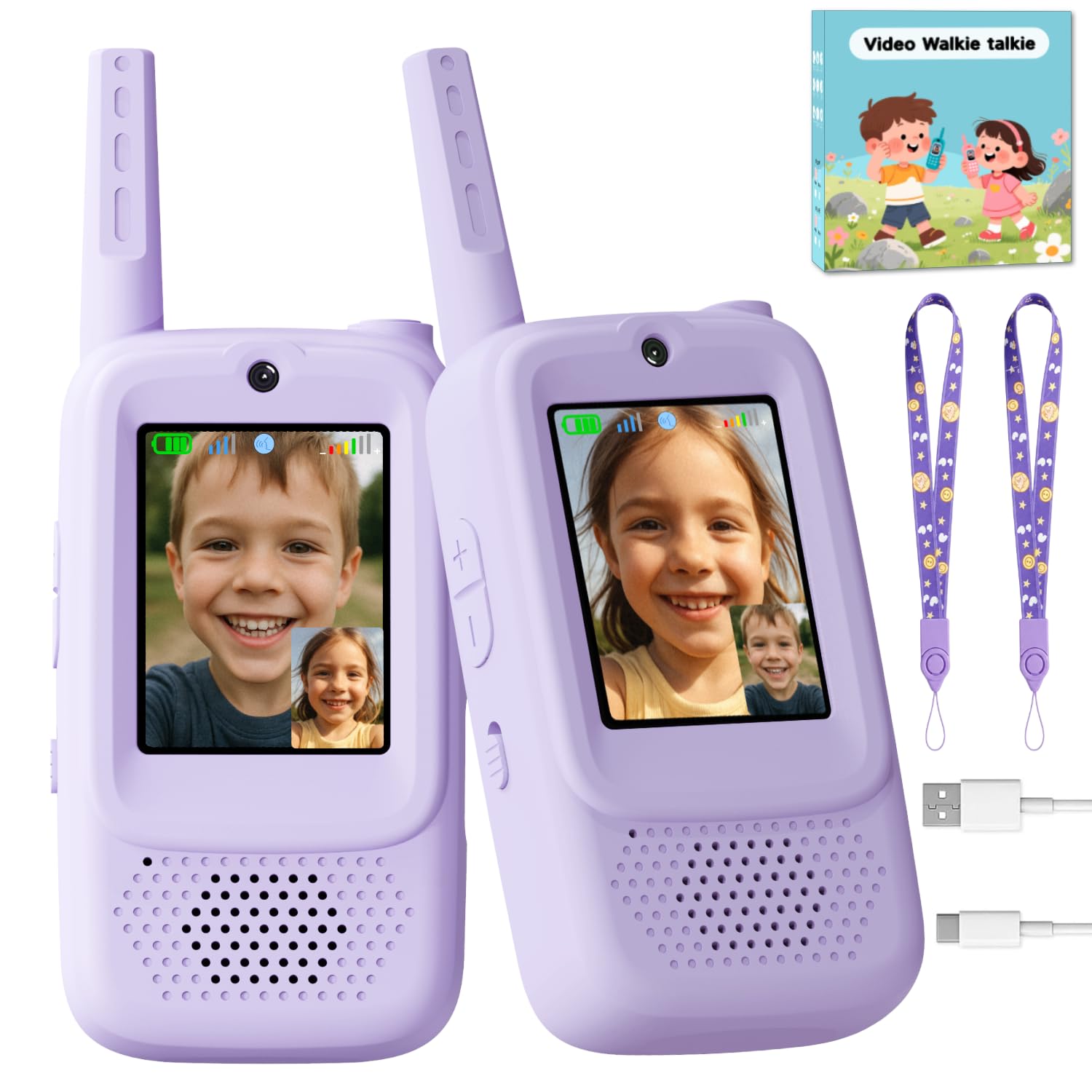 Video Walkie Talkies for Kids, 2 Pack Rechargeable Handheld Video Intercom Kids Walkies Talkies, Indoor Outdoor Toys for Family Games, Outside, Camping, Hiking for Boys Girls Ages 3-12 (Purple)
