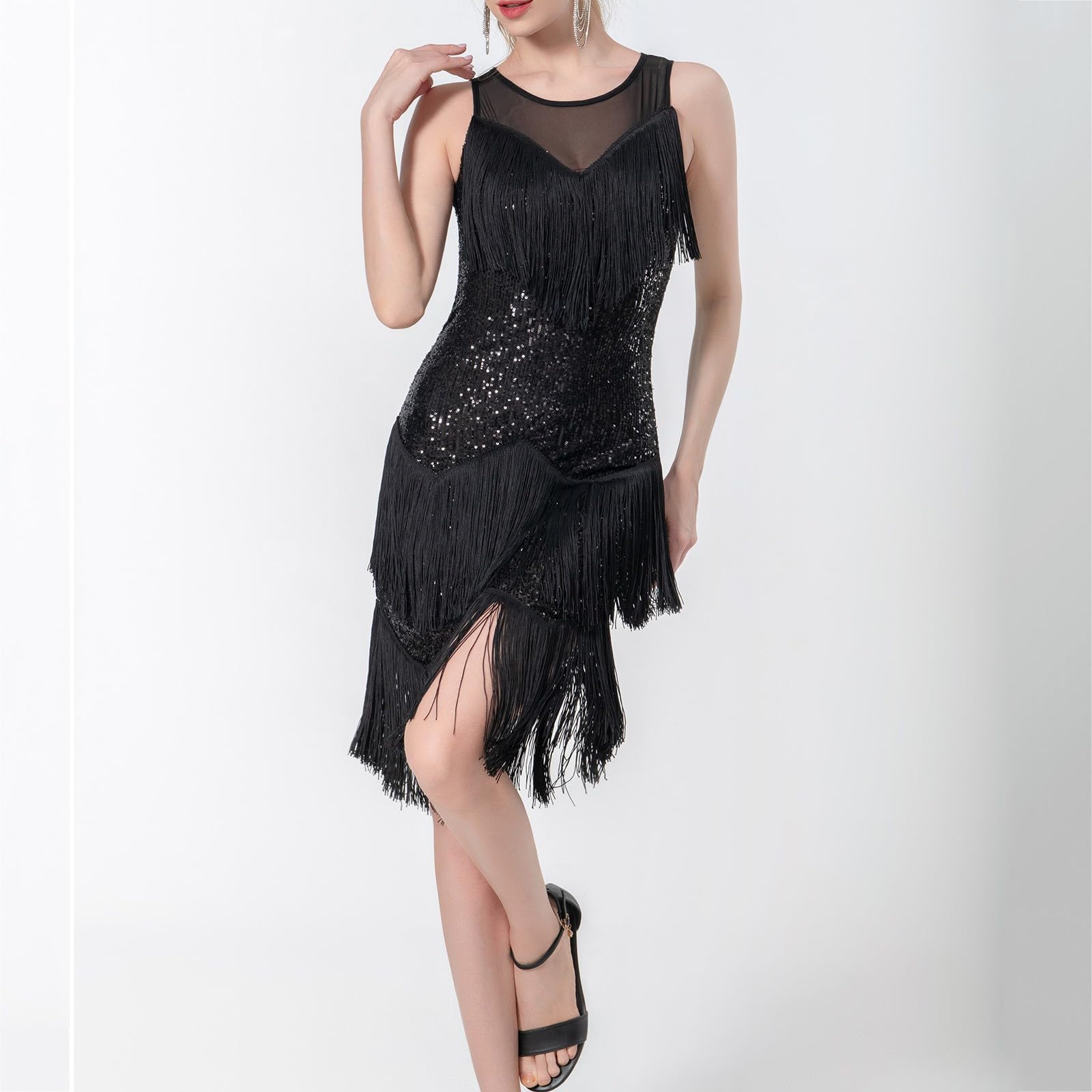 Robe Paillette Femme Charleston Danse Latine Tenue Chic Déguisement Elegant Anniversaire De Soiree Justaucorps Disco Vetement Artistique Cabaret Deguisement