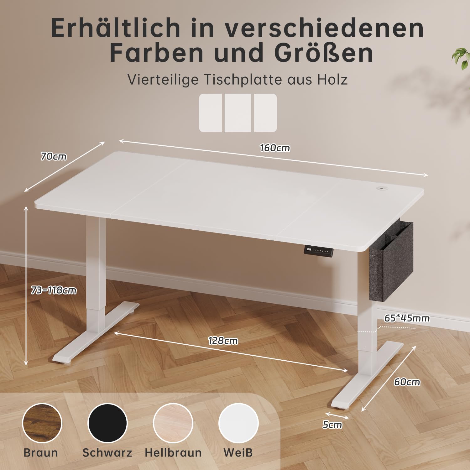 Airfish Höhenverstellbarer Schreibtisch Elektrisch 160x70cm, Stabiler Schreibtisch mit Aufbewahrungstasche, Memory-Funktion mit 4 Höhen, Computertisch für Homeoffice, Stehpult, Standing Desk, Weiß