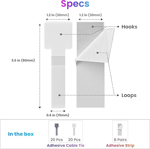 Miniatura 7 de Paquete combinado de gestión de cables fácil, combo de bridas y tiras autoadhesivas de gancho y bucle, organizadores de cables y regletas de