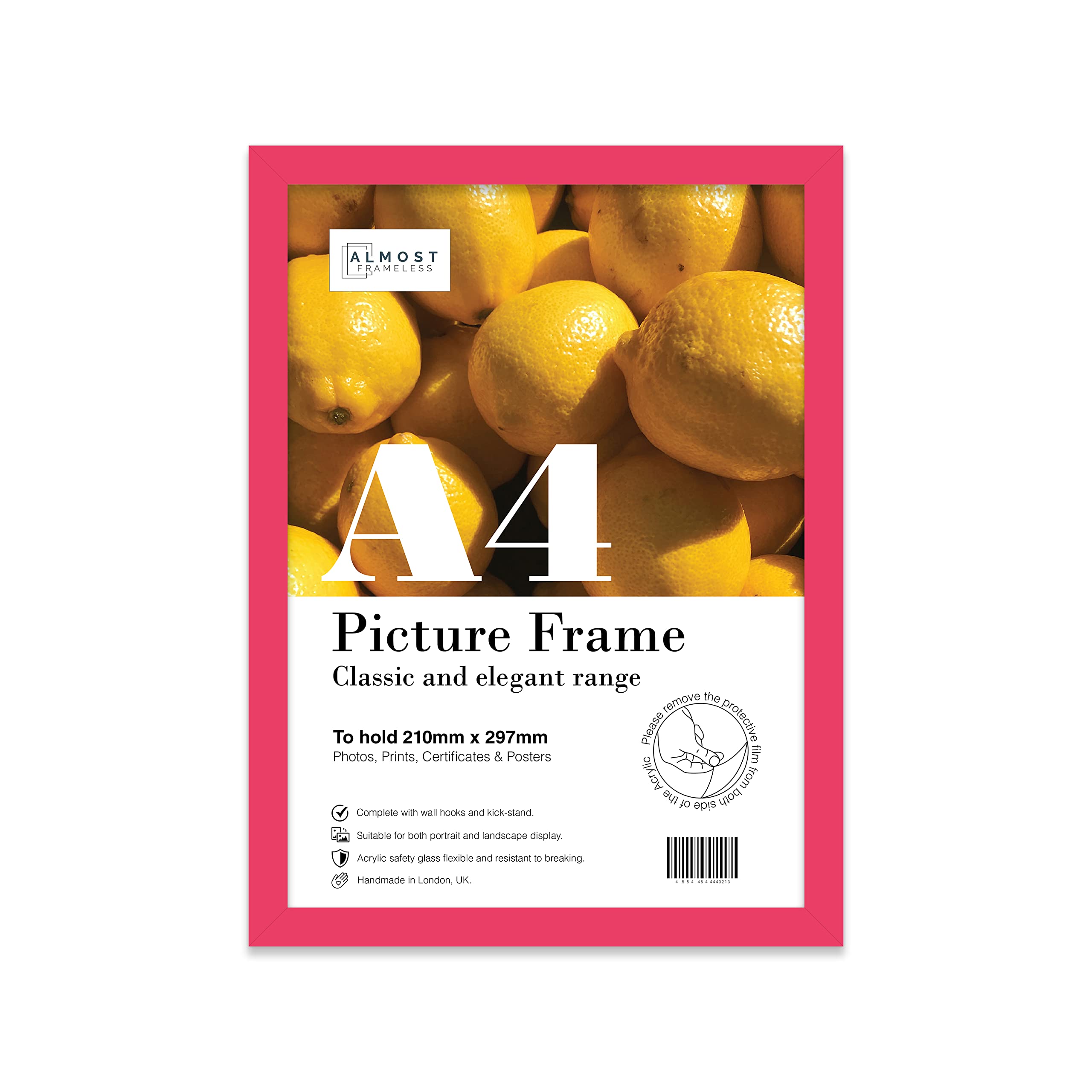 Almost Frameless A4 Bright Pink Picture Frame Fits A4 (21 x 29.7cm - 8.3 x 11.7in) Poster, Photo, Artwork, or Print. Thin Edge Slim Frame Portrait and Landscape Display with Wall Hooks