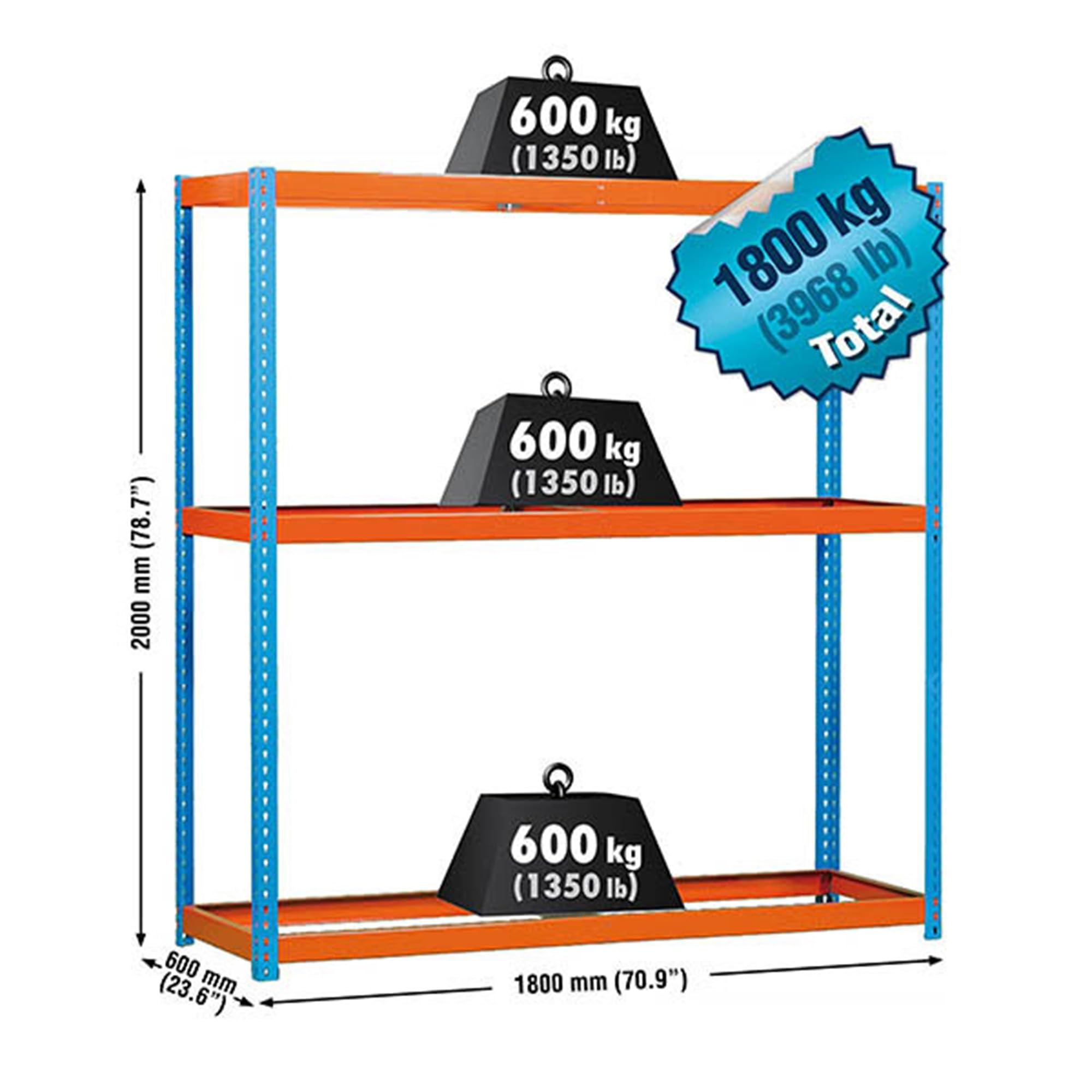 Estantería Industrial, 2000x1800x600 mm, 600 kg de Punto Flexión, 3 Niveles, Sin Baldas, Estantería Garaje, Azul/Naranja - Simonforte