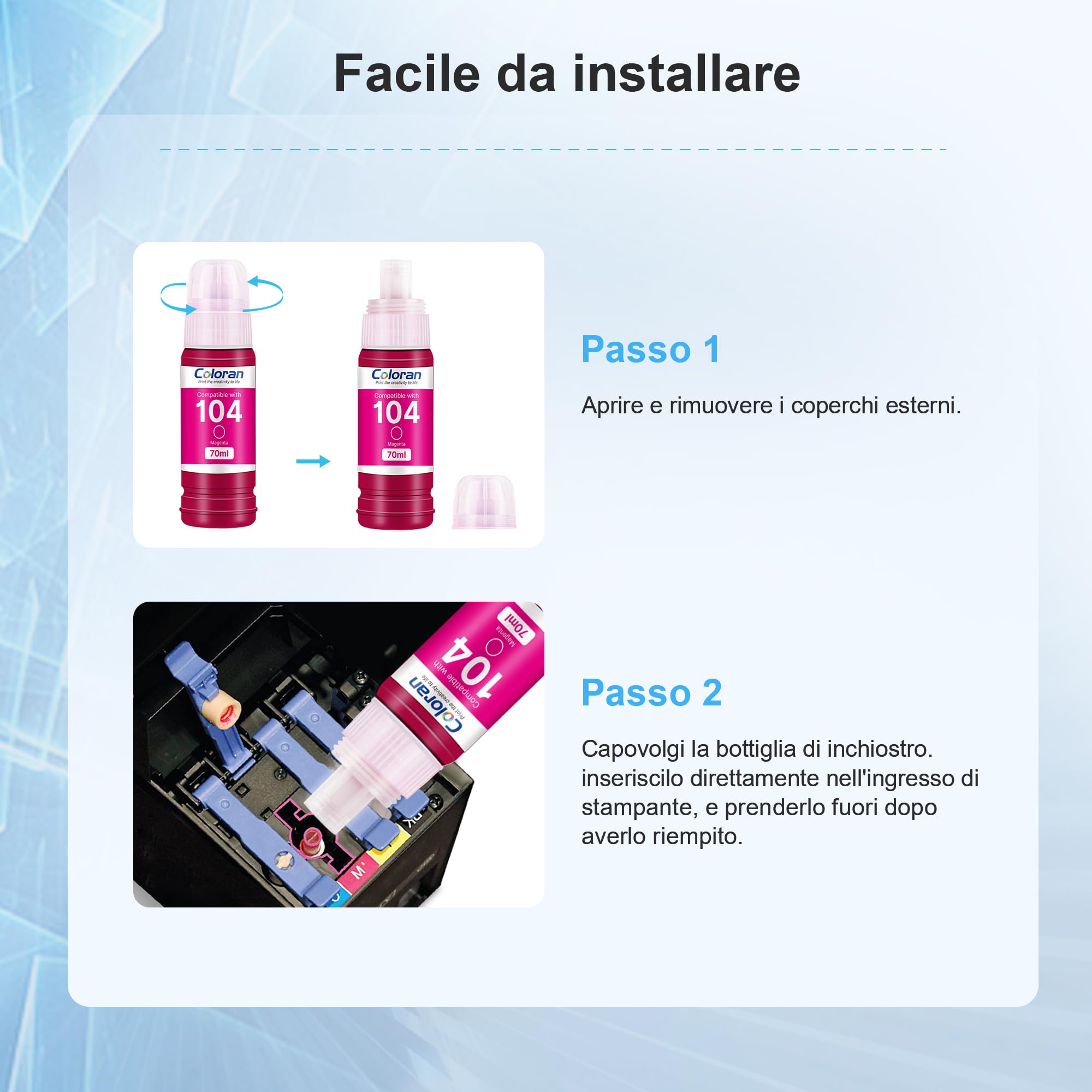 Coloran 104 Inchiostro Compatibile con Cartucce Epson 104 Ecotank Multipack per ET-5150 ET-1810 ET-2726 ET-2810 ET-2811 ET-2812 ET-2814 ET-2815 ET-2820 stampante (Nero Ciano Magenta Giallo, 5-Pack)