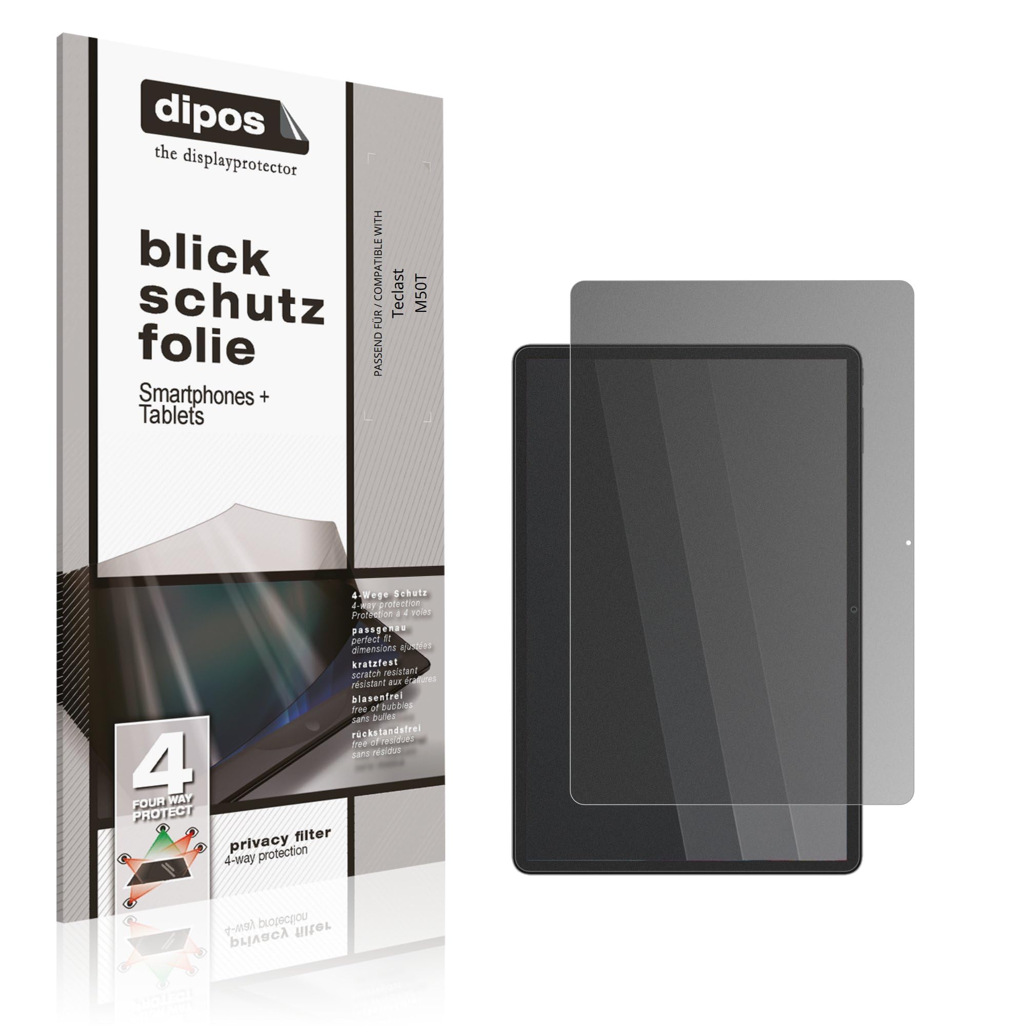 dipos Protection écran anti-espion pour Teclast M50T | Film mat, filtre de confidentialité 4 directions, sur mesure, anti-rayures, sans bulles, adhésion sans colle