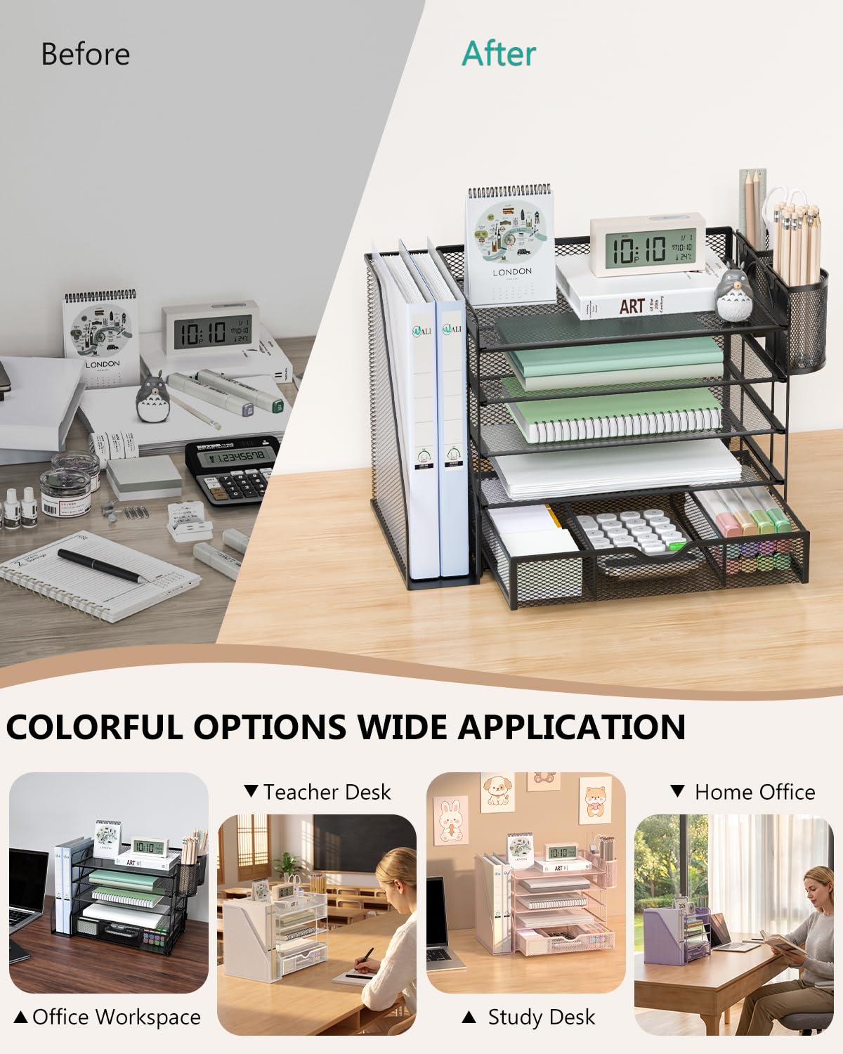 WALI Desk File Organizer, 5 Tier Desktop Paper Letter Tray Organizer with Drawer and 2 Pen Holders, Office Desk Accessories & Workspace Organizers for Office, Home Supplies(DO006DH-B), 1 Pack, Black view 6