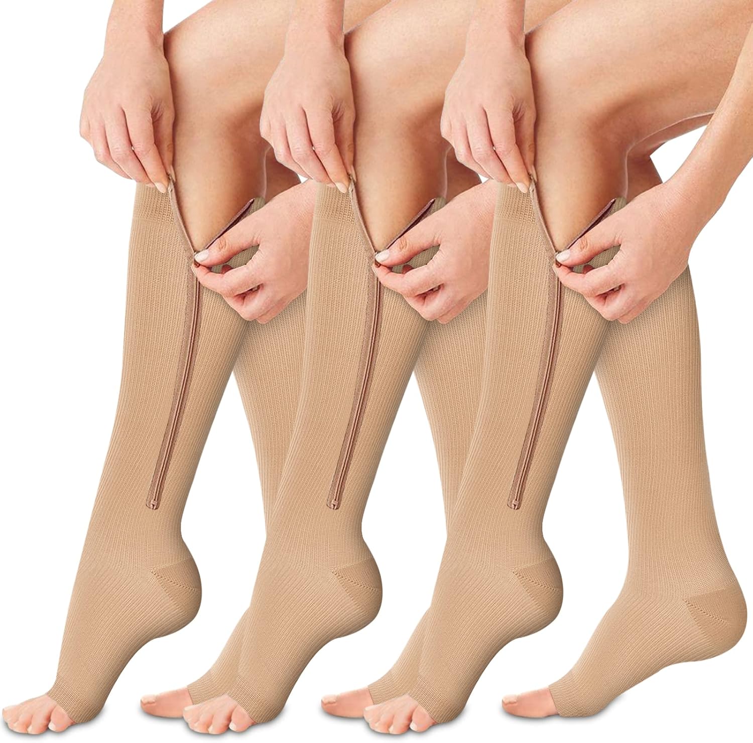 Bluemaple Zipper Compression Socks-3Pairs Calf Knee High Open Toe Compression Stocking with zipper