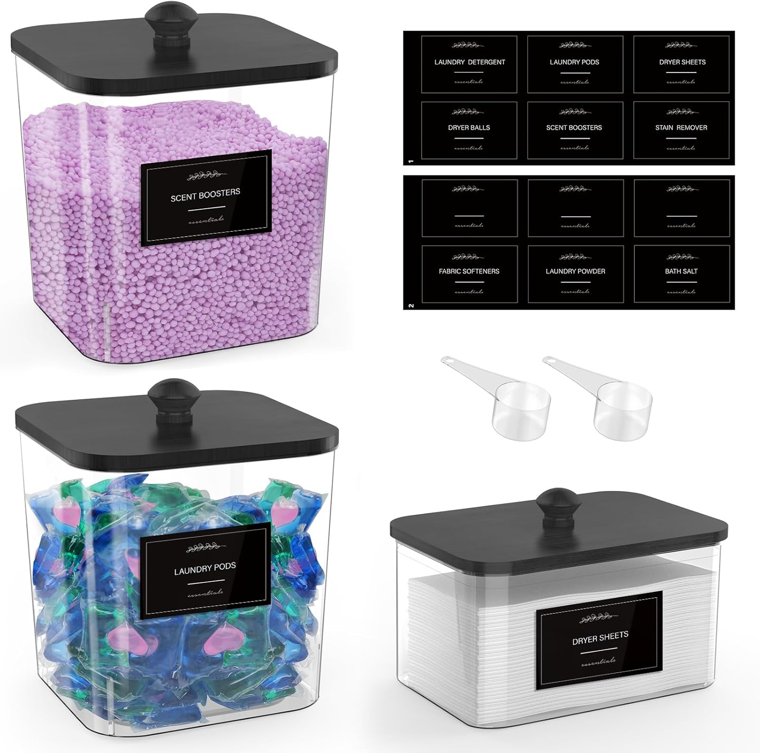 2+1 Pack Clear Laundry Pods Container & Dryer Sheet Holder, Plastic Square Laundry Room Organization and Storage Jars with Black Lids, Scoops & Labels for Detergent, Powder, Dryer Balls