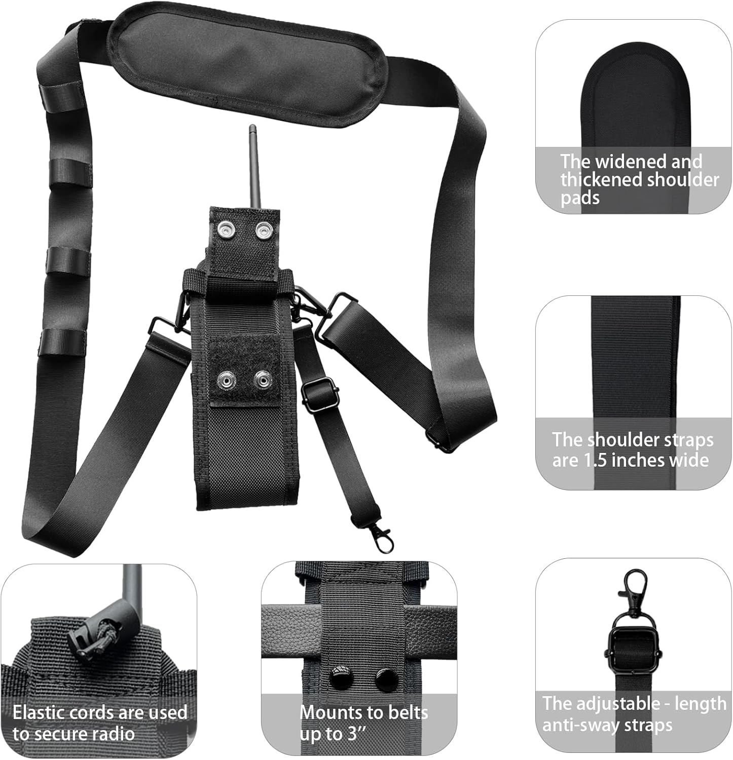 Radio Strap Holster with Anti-Sway Belt, Wide Strap, Soft Shoulder Pad, Adjustable Length, Durable material, Compatible with Various Types of Walkie-Talkies. thumbnail