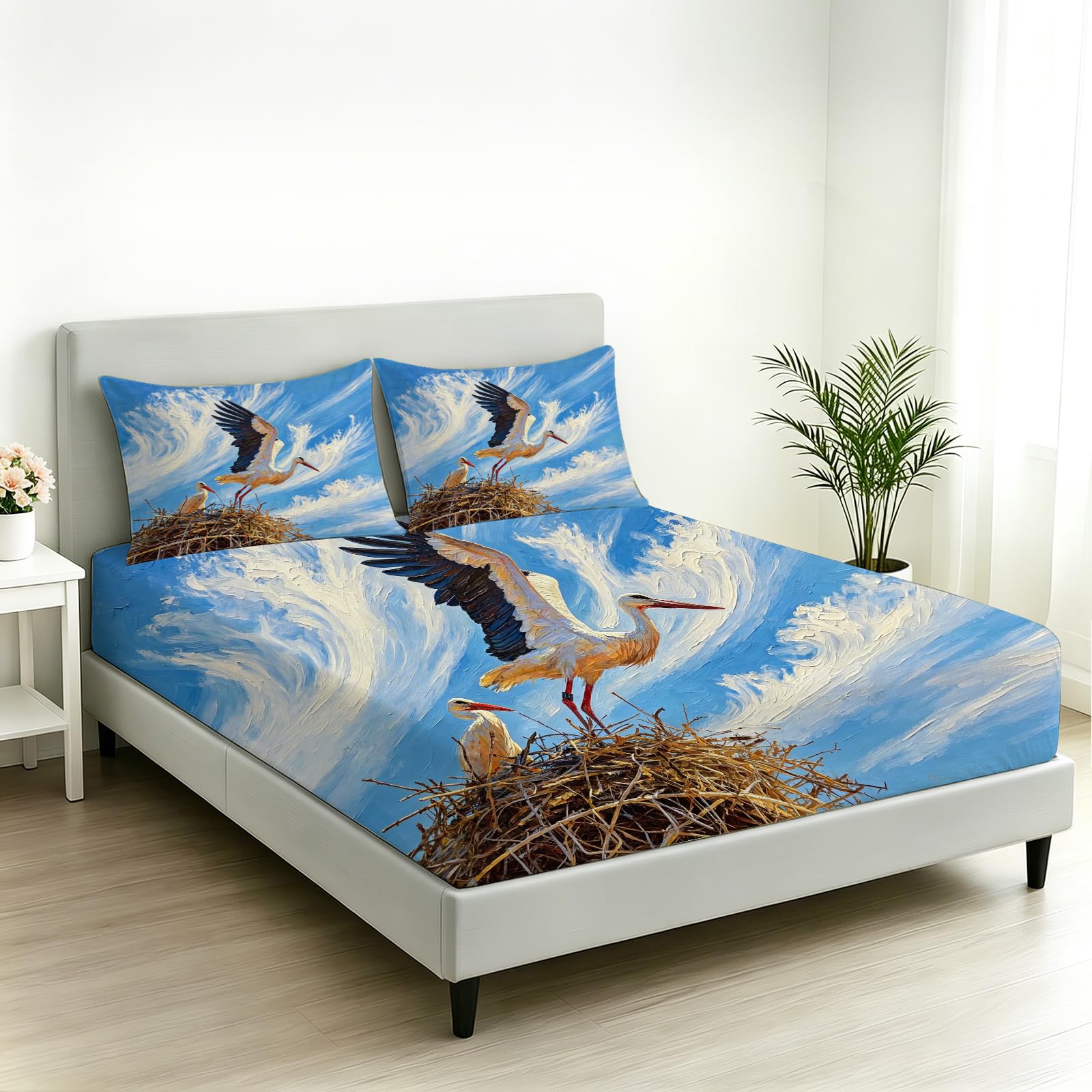 Sábana Bajera 160 x 200 Ajustable Cigüeña Blanca Aves Silvestres