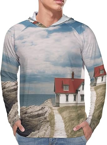 Men's Sun Protection Hoodie Shirts UPF 50+ Long Sleeve Rash Guard Lighthouse Backdrop Sun Shirt Outdoor