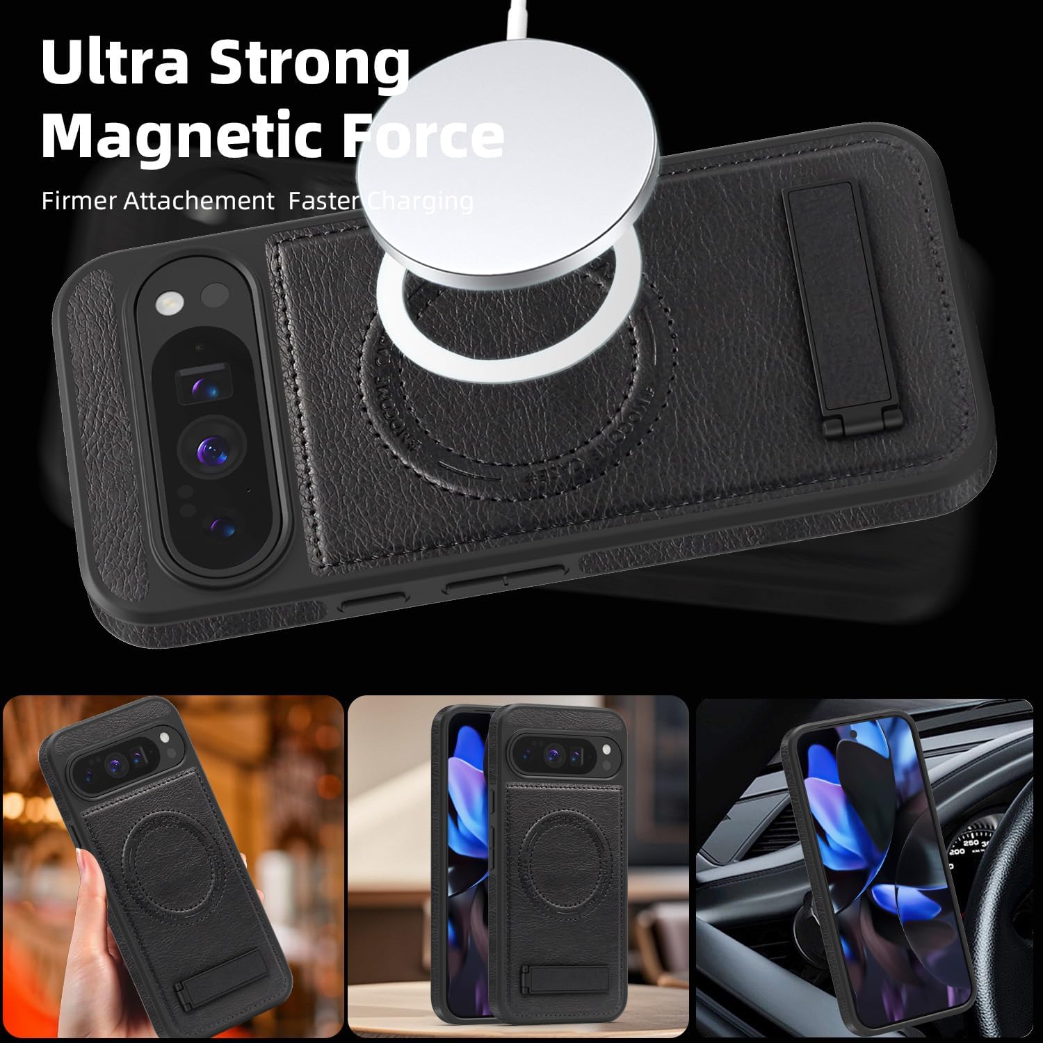 Magnetic Kicstand for Google Pixel 10 Pro Case Compatible with MagSafe Ultra Slim Premium Leather Invisible Stand Military Grade Drop Protection Shockproof Case, Black