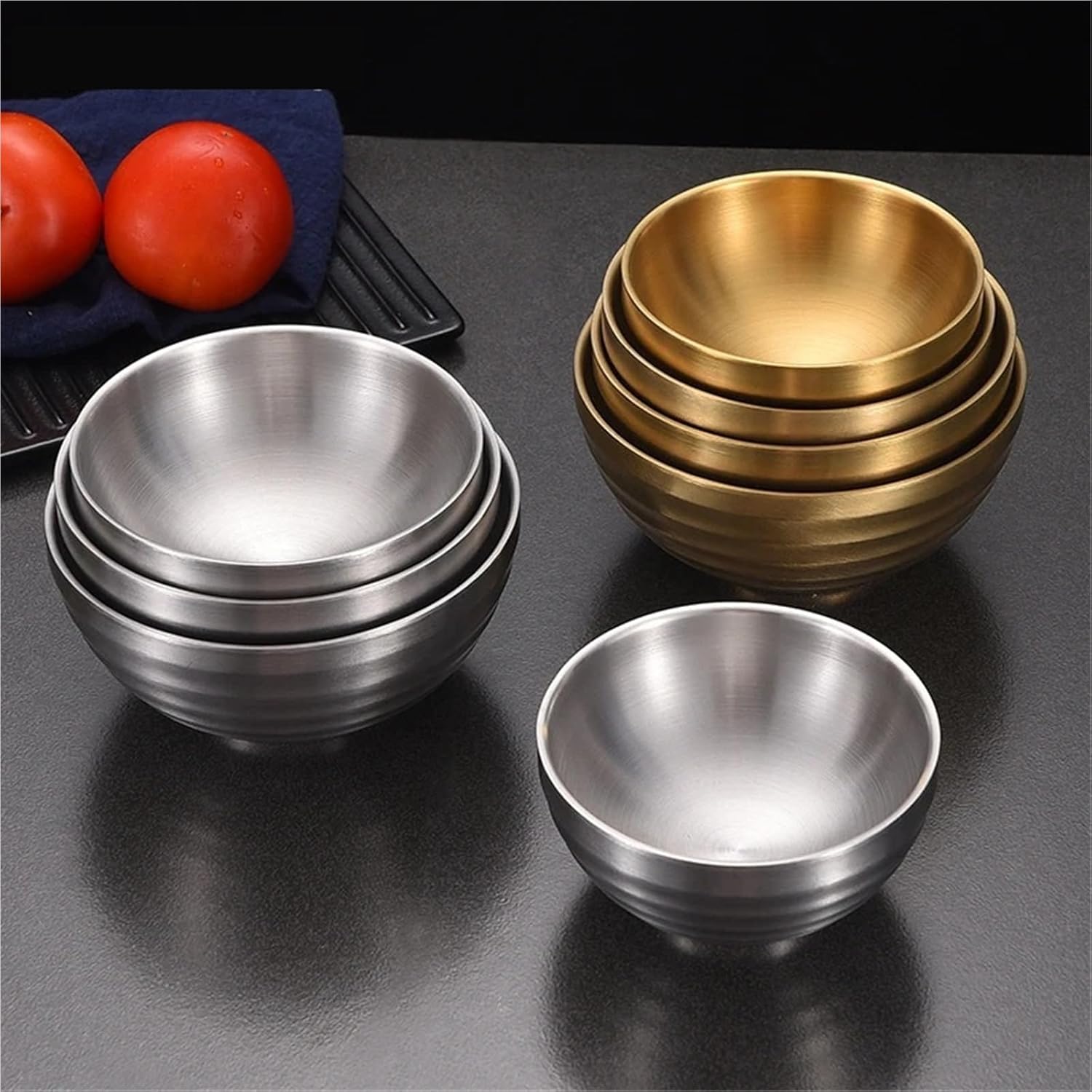 Stainless Steel Mixing Bowl 4 Pcs 304 Stainless Steel Threaded Rice Bowl Dough Round Soup Double Layer Insulated Ramen Bowls Home Tableware(11cm Gold)