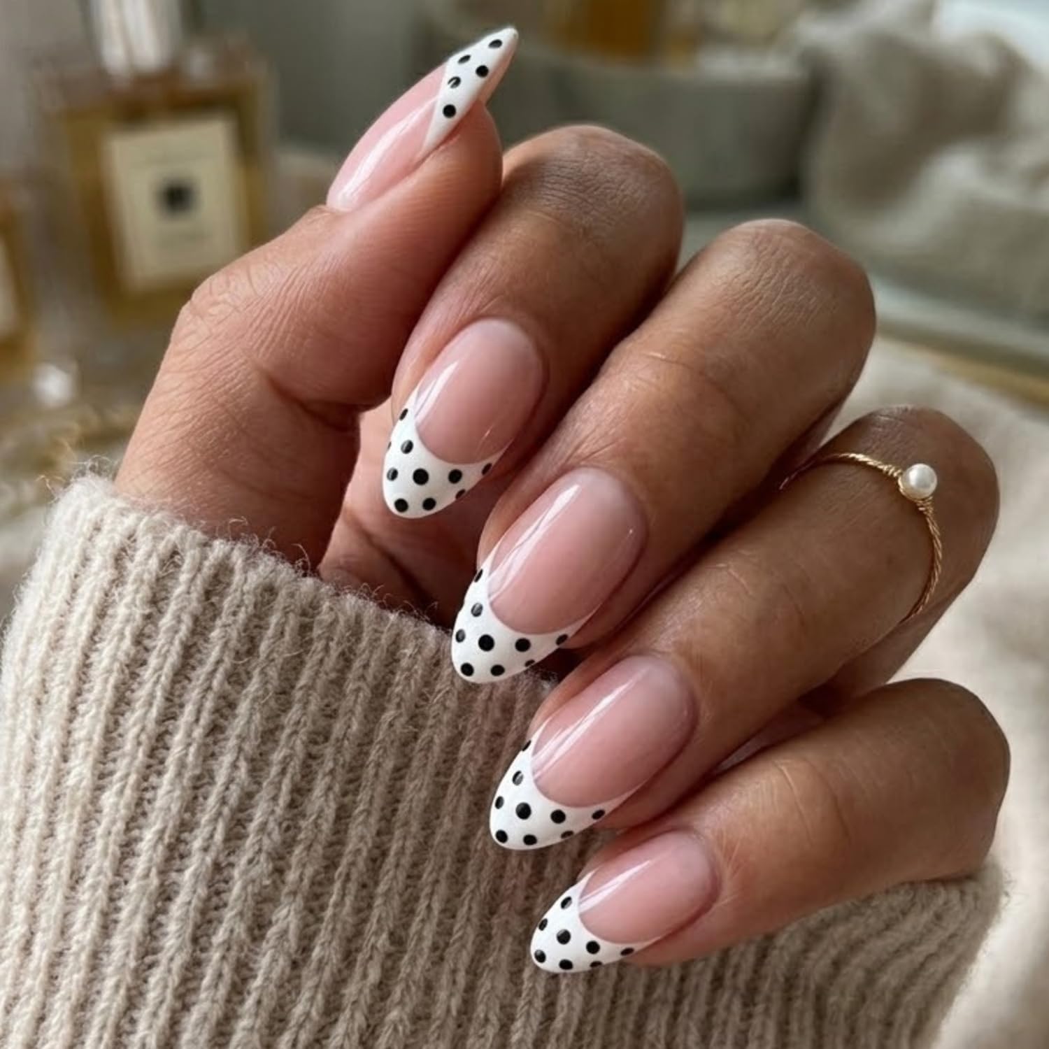 Medium Almond Press on Nails White French Tip with Black Polka Dots Glossy Nude Pink Fake Nails Full Cover Stick on Nail for Women French Style Acrylic Nail for Daily Wear Date Night Parties 24 Pcs