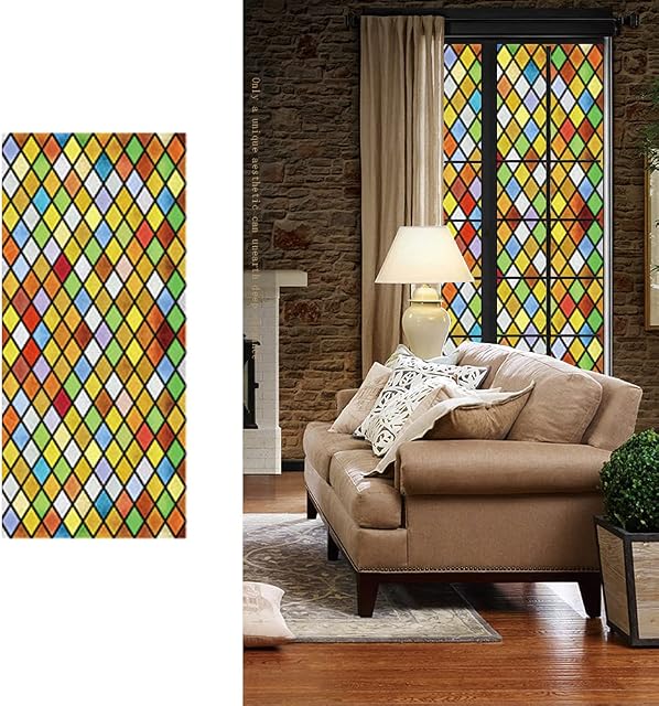 Stained Glass Privacy Window Film Stained Glass Self-Adhesive Frosted Retro Privacy Glass Sticker Non Adhesive Window Film for Home Office Decor Anti UV/Heat