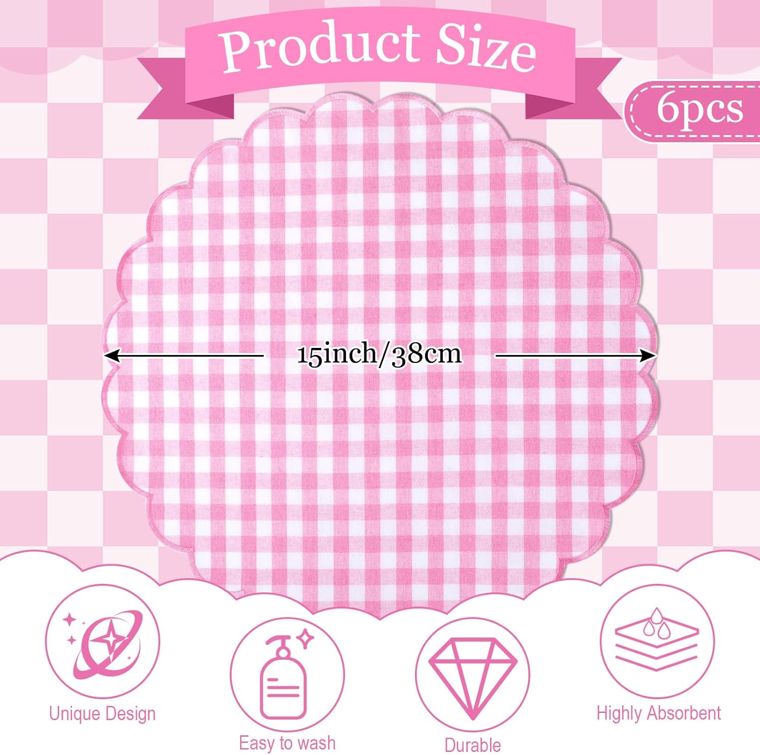set of 6 round placemats 15 inch cotton linen scalloped embroidery placemat washable double layered rustic dinner table mat decor fabric for hotel restaurant kitchen(pink,plaid)