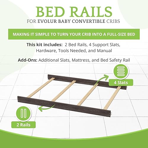 Miniatura 3 de Kit de conversión de tamaño completo, rieles de cama para cunas convertibles Evolur para bebé, riel de madera maciza, riel de cama para niños y Gris