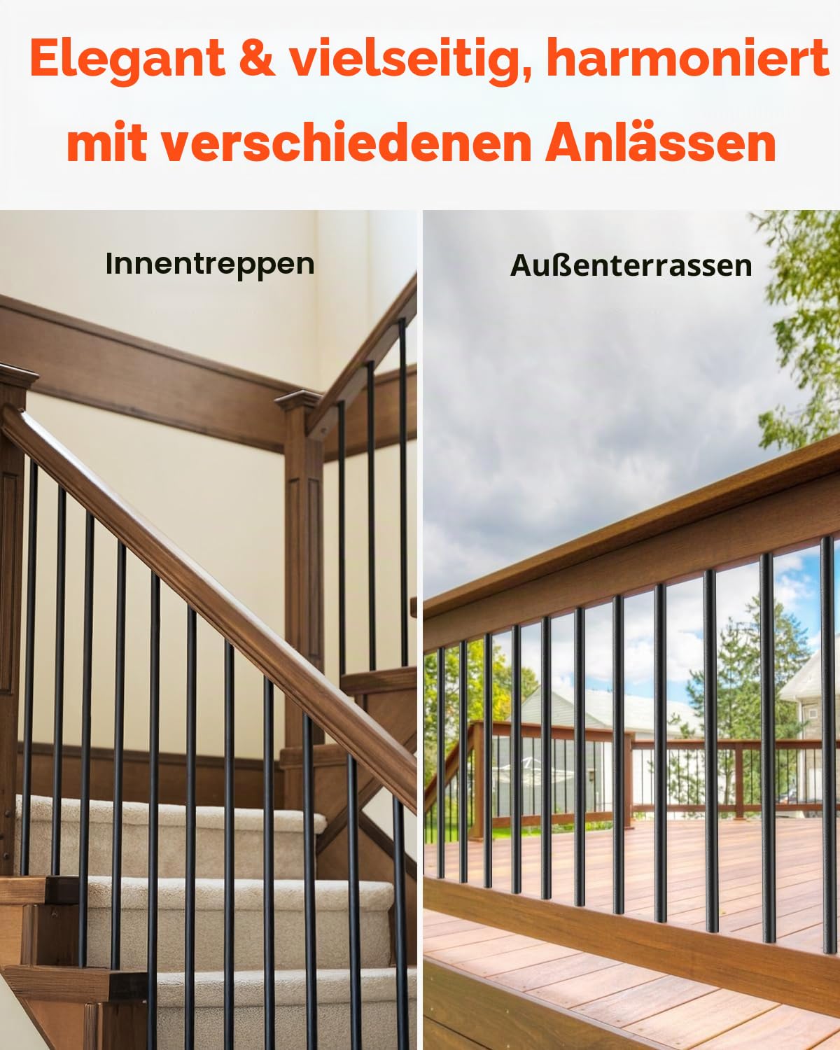 VEVOR Treppengeländer, 101er-Pack, 26 Zoll Aluminium-Treppengeländer, 3/4 Zoll wasserdichtes rundes Metallspindelgeländer, Hohldeckgeländer mit Geländerkappen und Schrauben für Treppen, Veranda