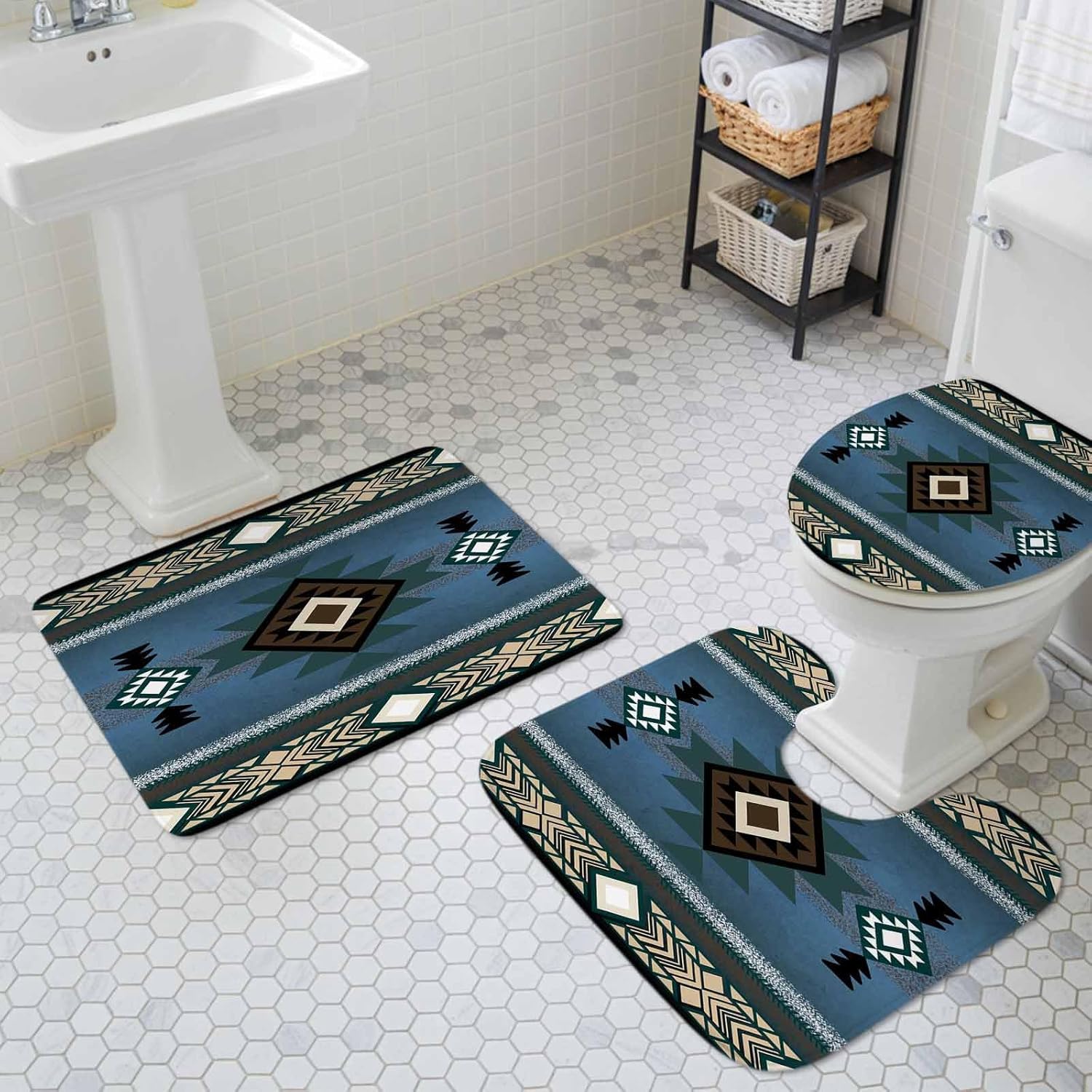 Western Southwest Bathroom Rugs Mat Sets 3 Piece, Bath Shower Rugs with U-Shaped Contour Toilet Mat, Small Absorbent Bathtub Runner Rugs Floor Mats Native American Indian Tribal Ethnic