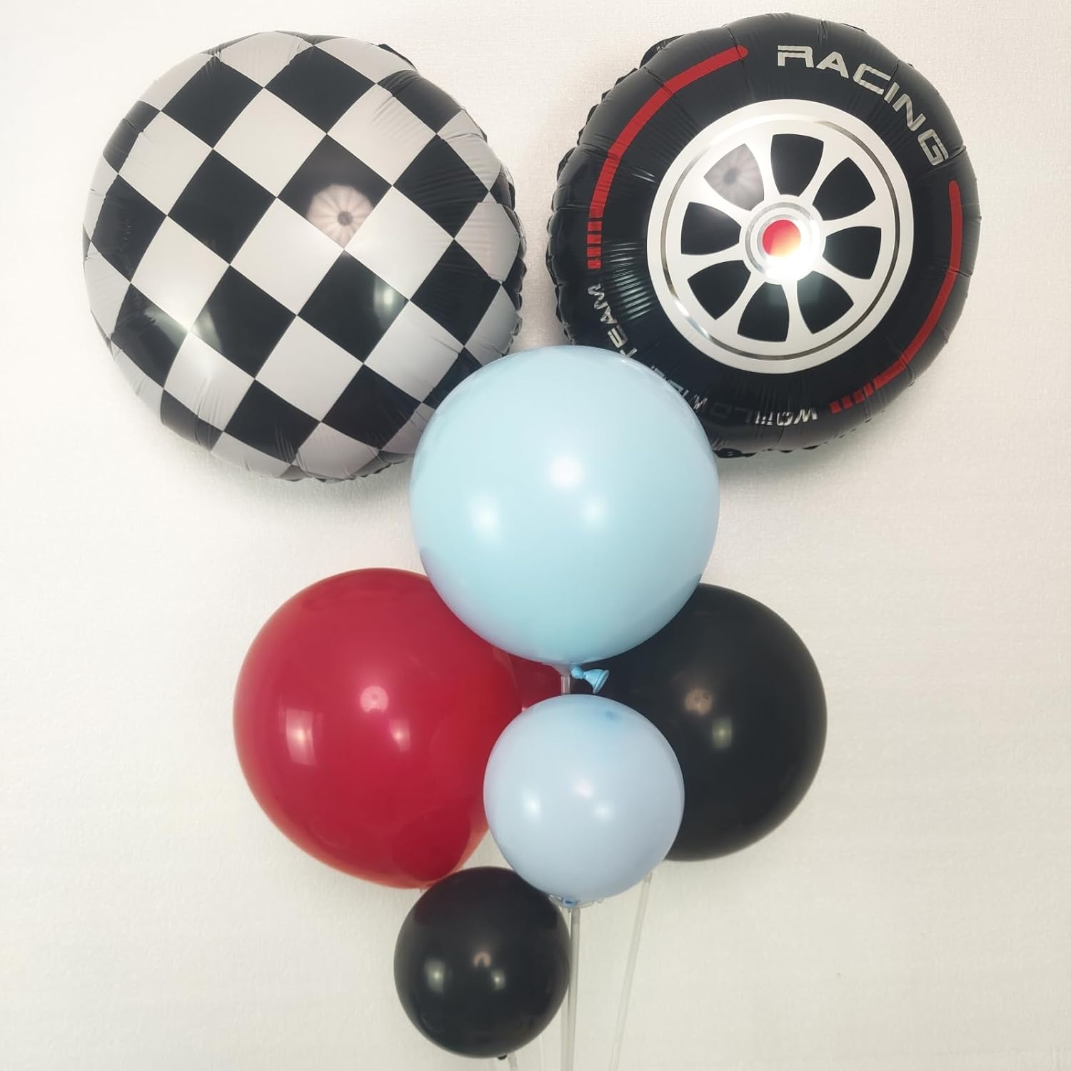128pcs Race Car Balloon Garland Arch Kit, Red Blue Black Balloons Black White Checkered Tassel Background and Aluminum Foil Tire Balloon for Race Car Birthday Decorations Two Fast Birthday Decor - Image 5