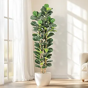 GarveeHome 7FT Faux Fiddle Leaf Fig Tree with White Pot, Faux Trees with Artificial Plants 107 Fiddle Leaves Greenery - Lifelike Fake Tree for Home Office Store Room Decor Indoor Outdoor