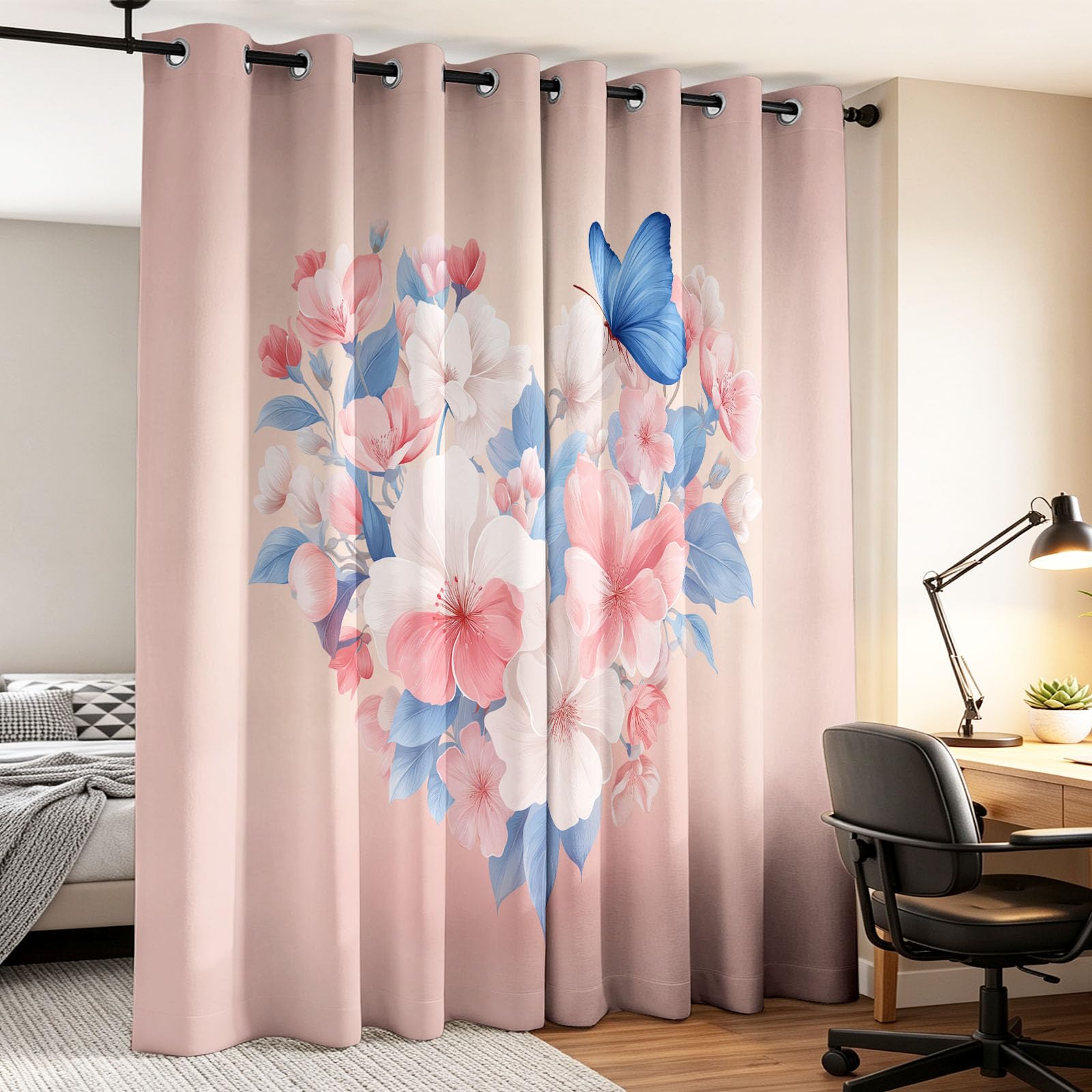Rideau Thermique Floral Bouquet en Cœur Éthéré, Rideau Occultant Insectes Papillons L 140 x H 260 cm, Rideaux et Draperies Intérieurs à Oeillets Rideau, Rideaux Chambre Salon Fenetre,
