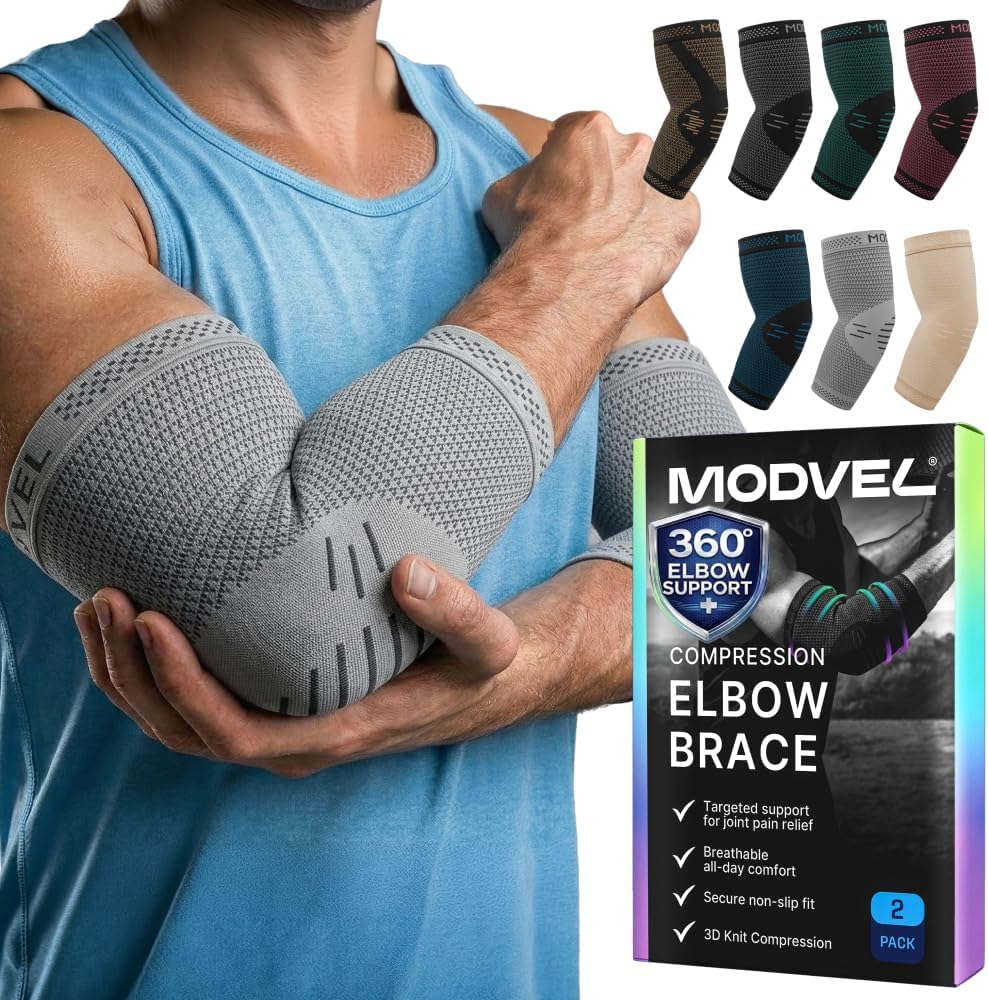Modvel 2 Pack Elbow Brace for Tendonitis and Tennis Elbow Brace for Women and Men, Elbow Compression Sleeve for Pain Relief and Recovery – Elbow Sleeves Weightlifting Men, Sports & Workout, Arm Brace