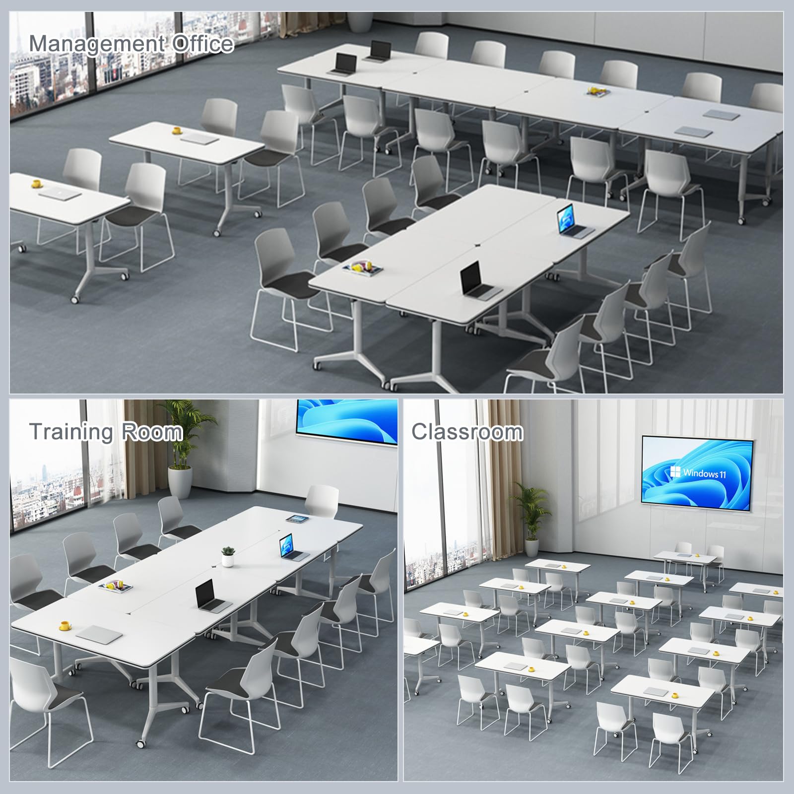 Konferenztisch, moderner, Faltbarer Raum, großer, rechteckiger, weißer Besprechungs- und Schulungsseminartisch mit Klappplatte leisen Rädern für Büro, Klassenzimmer (4er-Pack 70,9 Zoll)