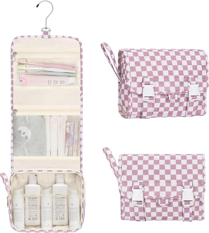 Relavel Small Hanging Toiletry Bag for Women, Portable Hanging Organizer | for Travel-Sized Dopp Kit, Makeup Accessories, Waterproof Toiletries Organizer with 3 Compartments for Outdoor - Plaid Purple