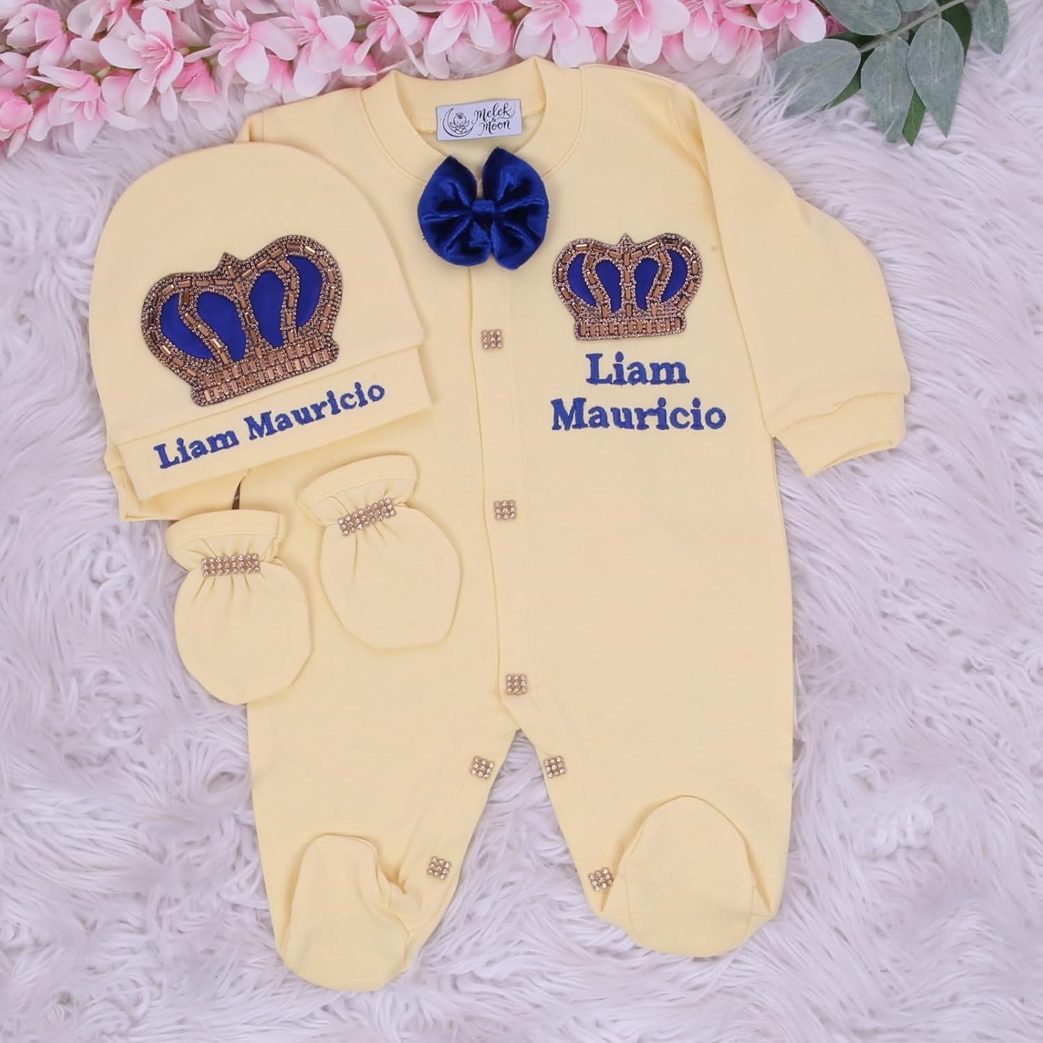 MELEK & MOON Personalized Luxury Infant Newborn Baby Boy Outfit – 3-Piece Cotton Set – Sunshine Royalty Cuddle Set