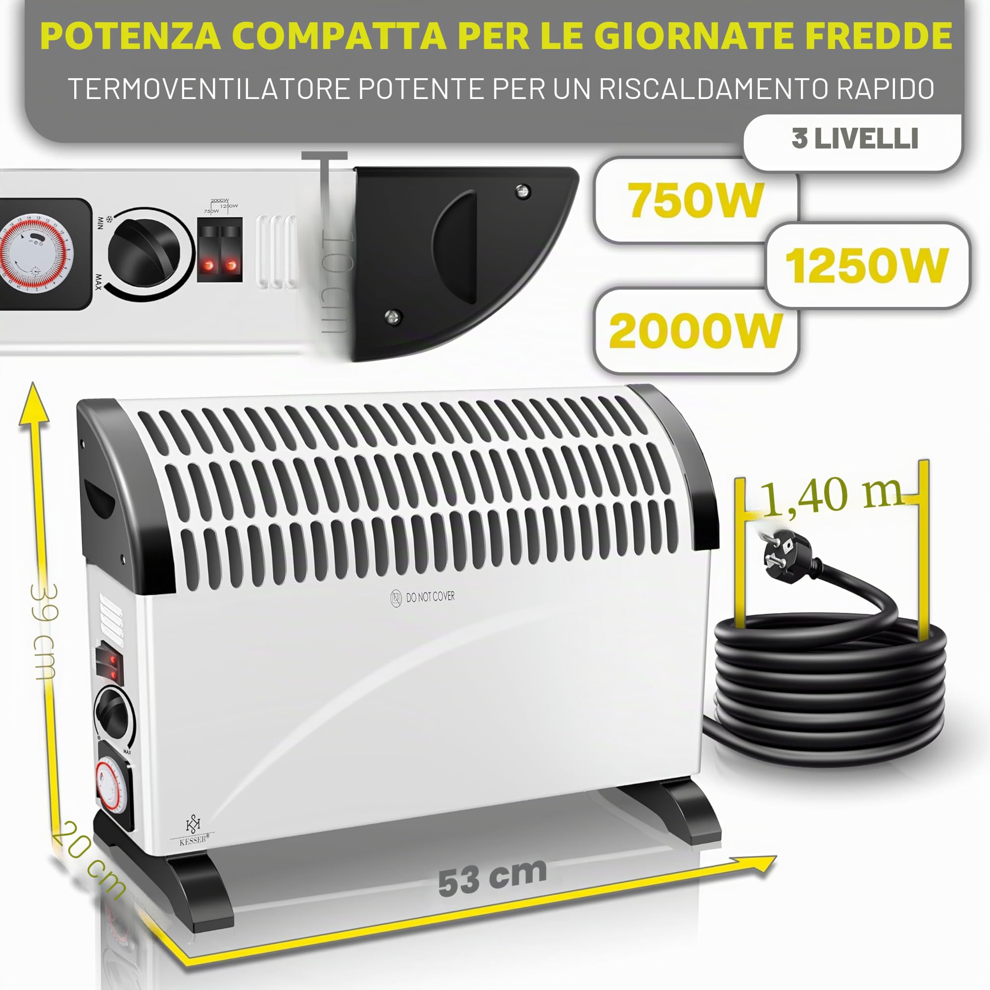 KESSER® Termoconvettore Riscaldatore da 2000 watt, timer 24 ore | controllo termico continuo | Riscaldamento turbo | 3 livelli | Vassoi per il trasporto, bianco