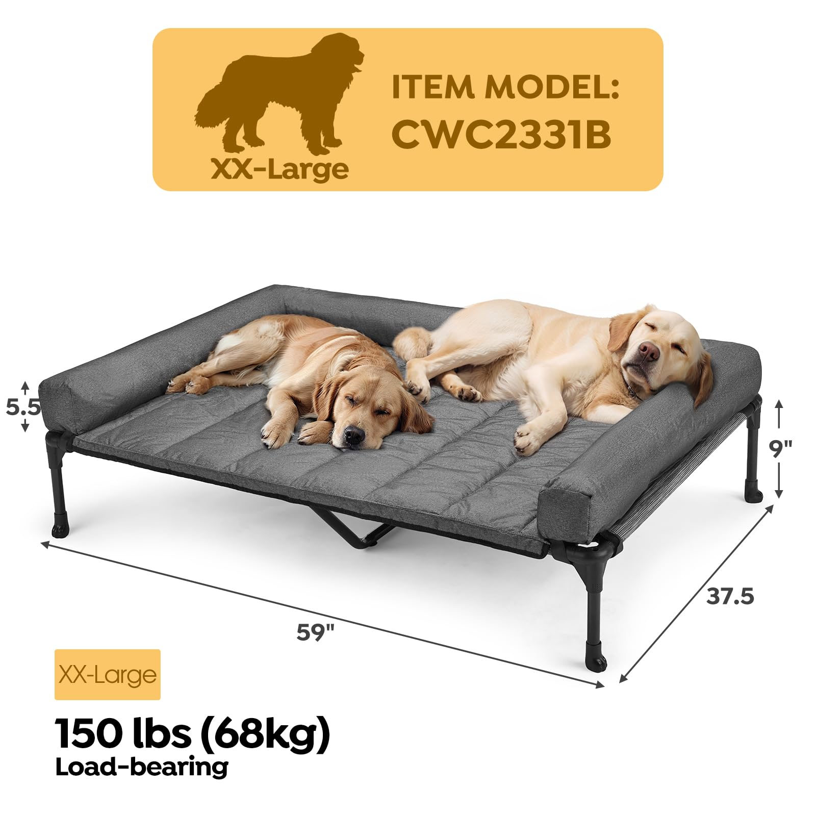 Veehoo Cooling Elevated Dog Bed Add Removable Waterproof Bolster Cushion Mat, Raised Pet Cot with Breathable Teslin Mesh, No-Slip Feet, Dog Sofa Bed for Indoor Outdoor, XXLarge, Black Silver - image 2