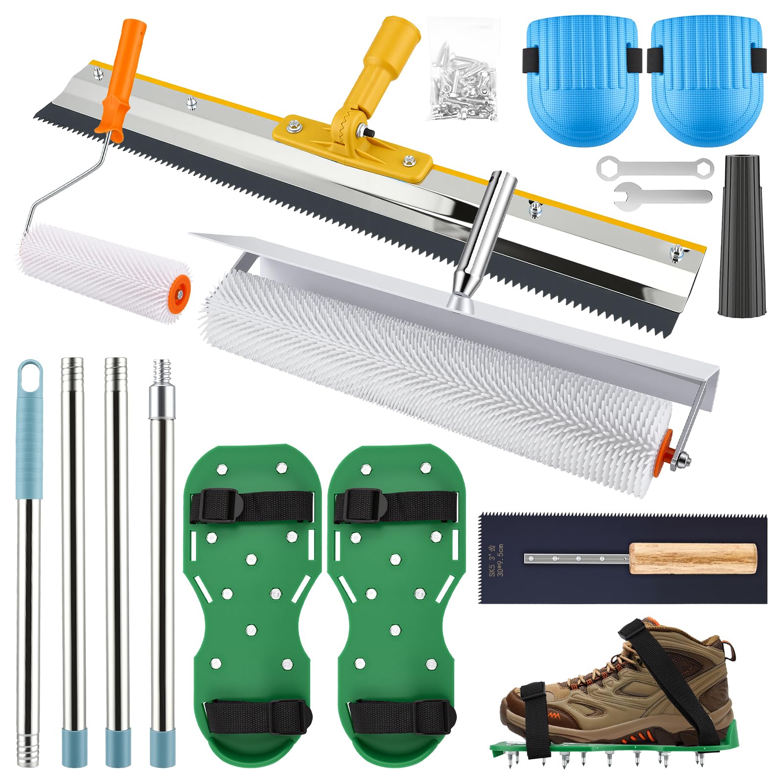 Kit di Strumenti Autolivellante per Pavimenti, Spatola Autolivellantein con Rullo Chiodato da 46 cm, Tergivetro in Acciaio inox da 56 cm, Scarpe Chiodate, Guanti, Asta Telescopica