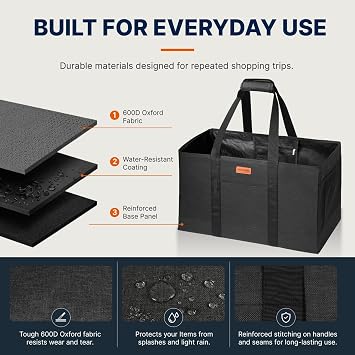 WONDAY Black Foldable Utility Tote Bag, Reusable Grocery Bag