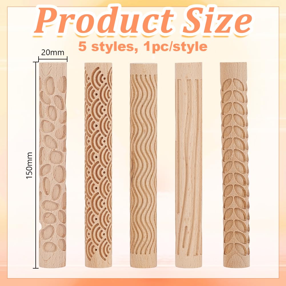 arricraft 5 outil de Poterie avec Manche en Bois 5 styles Rouleaux à Motifs Ondulés et Ondulés pour Gaufrage et Modelage D'Argile pour Bricolage Poterie Pâtes Céramique