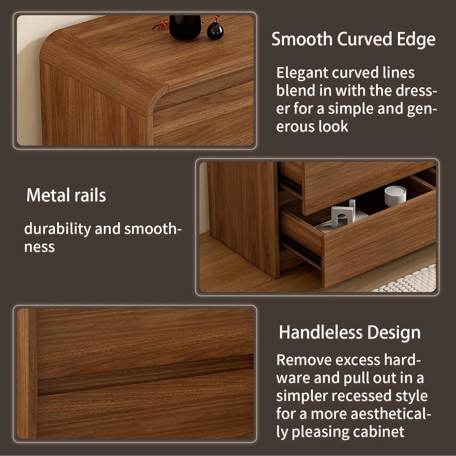 6 Drawer Dresser For Bedroom 47 Inch Wood Chest of Drawers - Curved Anti Collision, Mid Century Dresser For Closet with Natural Texture & Pre-Embedded Slots for TV Stand, Living Room, Nursery