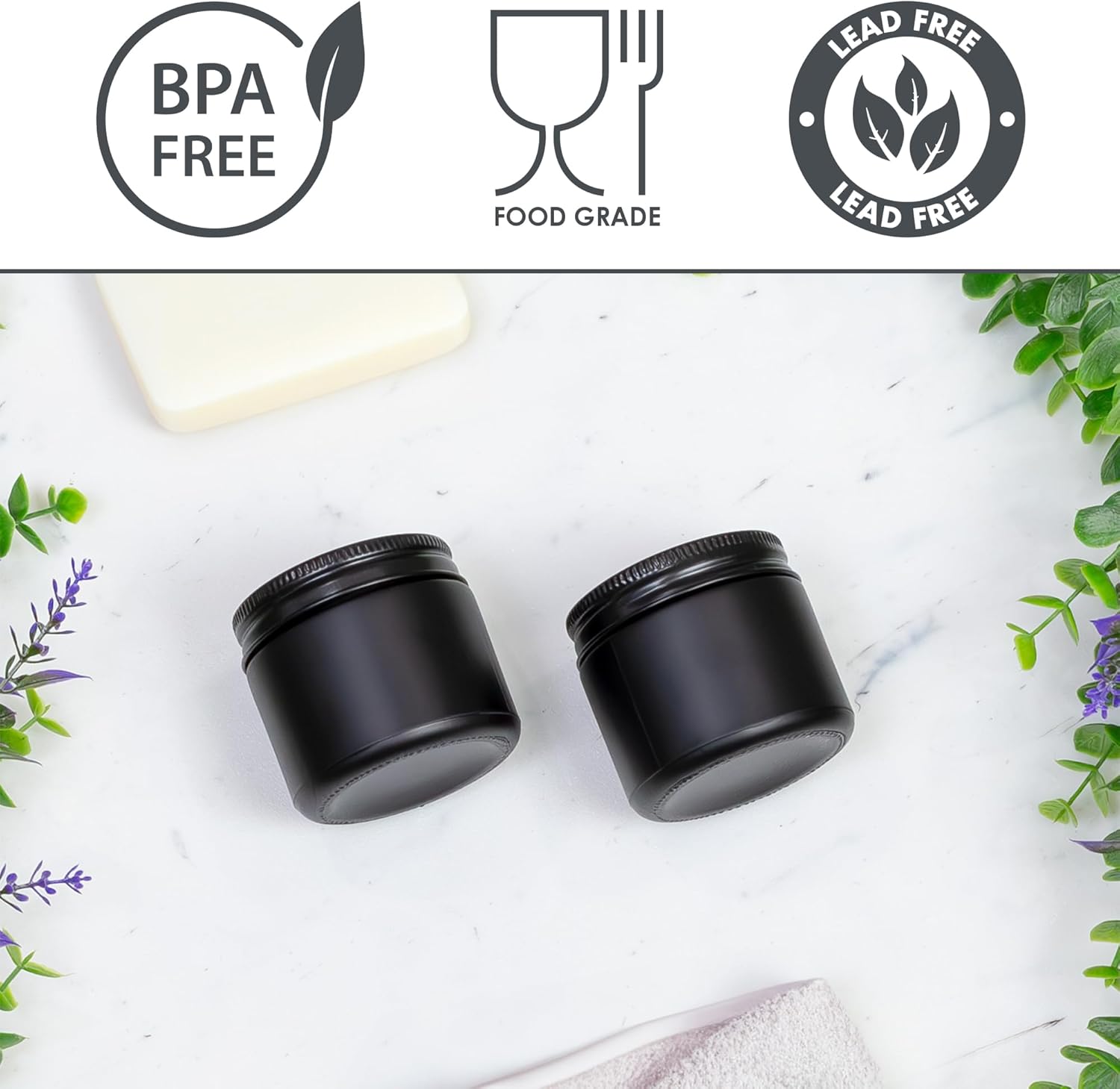 Cornucopia Brands 2-Ounce Black Coated Glass Jars (Pack of 12) Cosmetic Jars with Black Metal Lids and Black Matte Exterior