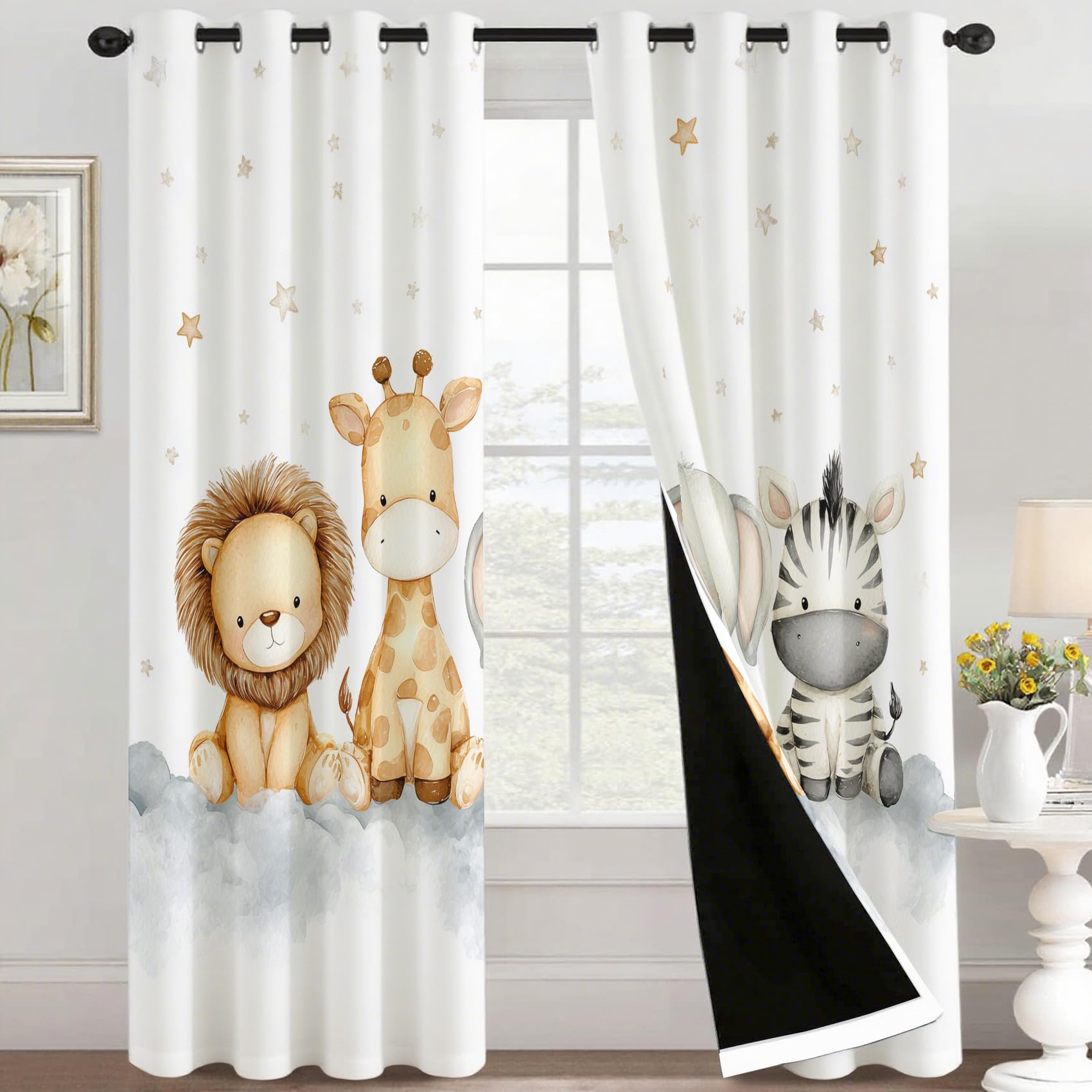 Generisch Kinder Safari Gardinen Blickdicht 2er Set, Vorhänge Löwe Giraffe Elefant Cartoon Motiv mit Ösen, Wohnzimmer Schlafzimmer Deko, Thermovorhang Verdunkelung, H 245 x B 140 - J332