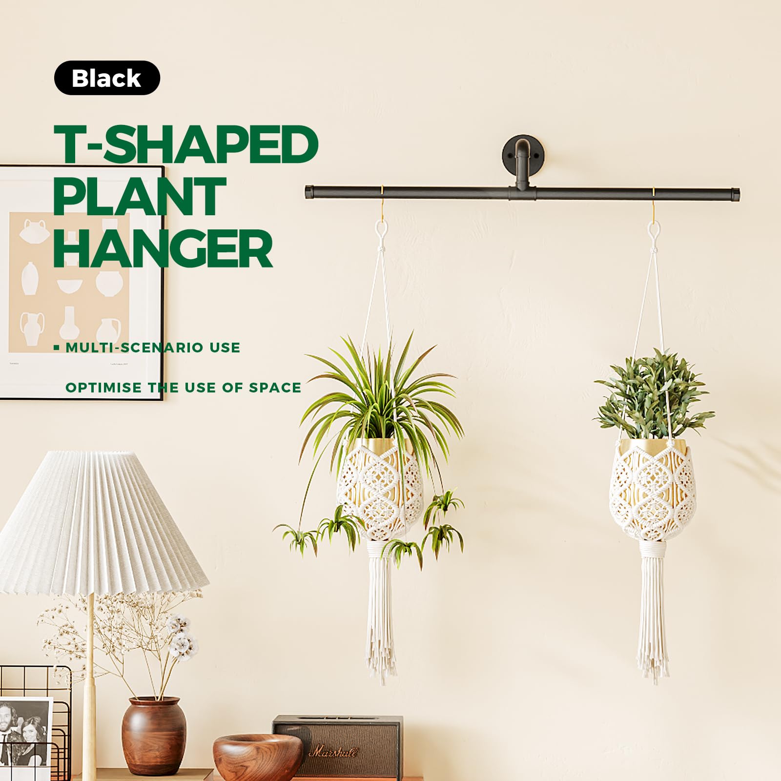 Bamworld Hanging Planters for Indoor Plants T-Shaped Hanging Plant Holder Plant Hanger Indoor Window Plant Shelves Ceiling Wall Mount Black Rod for Garden Wall Decor (Pot&Plant Not Included) - Image 2