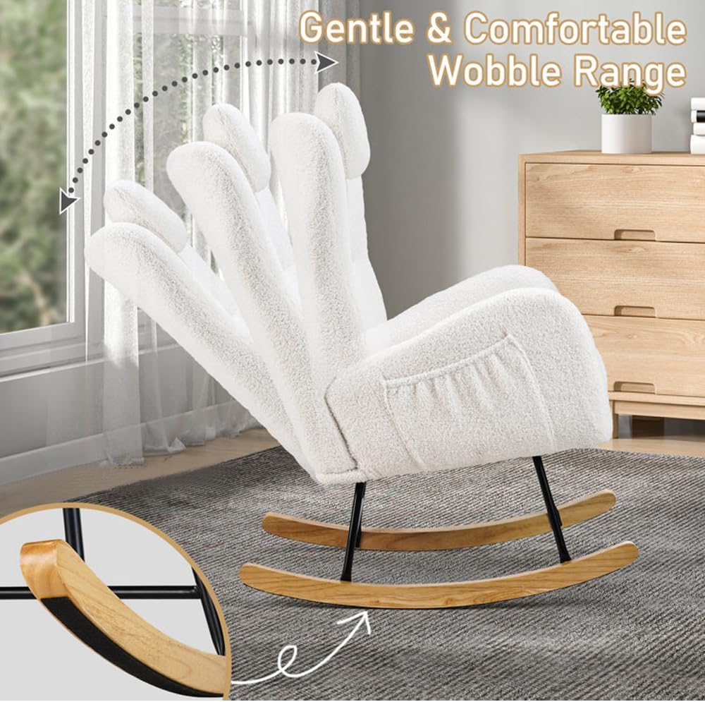 Nursery Rocking Chairs, Teddy Upholstered Comfy Glider chair, with High Backrest, Armrests, Solid Wood Base & pillow, Modern Rocking Accent Chairs for Nursery Living Room Bedroom, Ivory Teddy